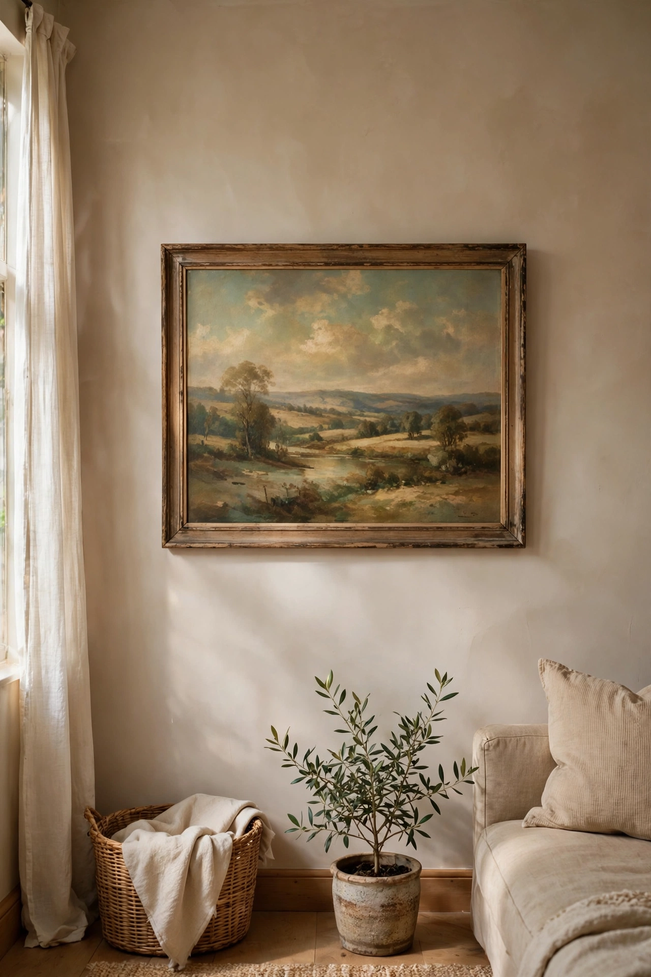 One large thrifted art piece as the single statement on a small living room wall