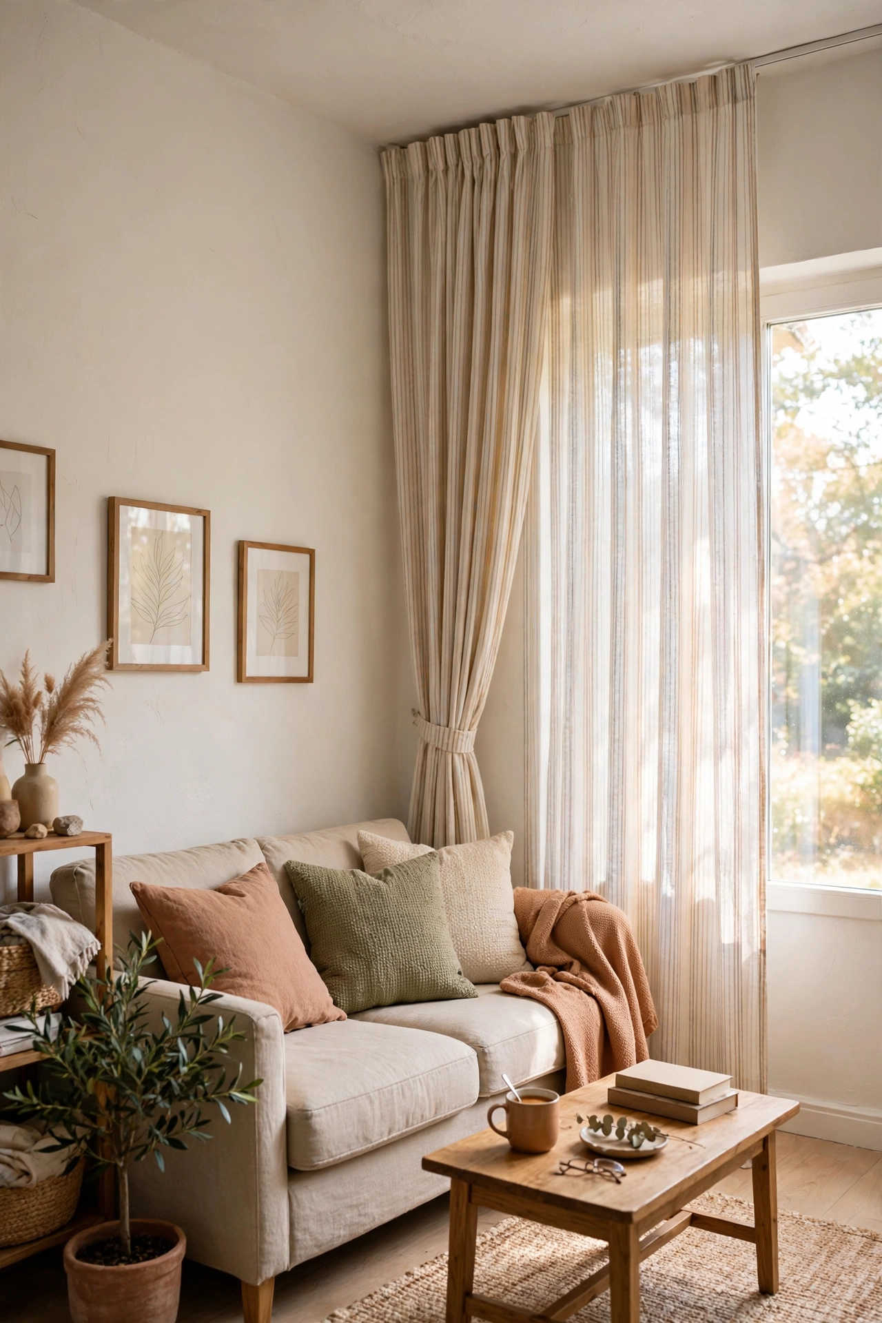 Subtle vertical striped curtains hung high adding height to a small living room