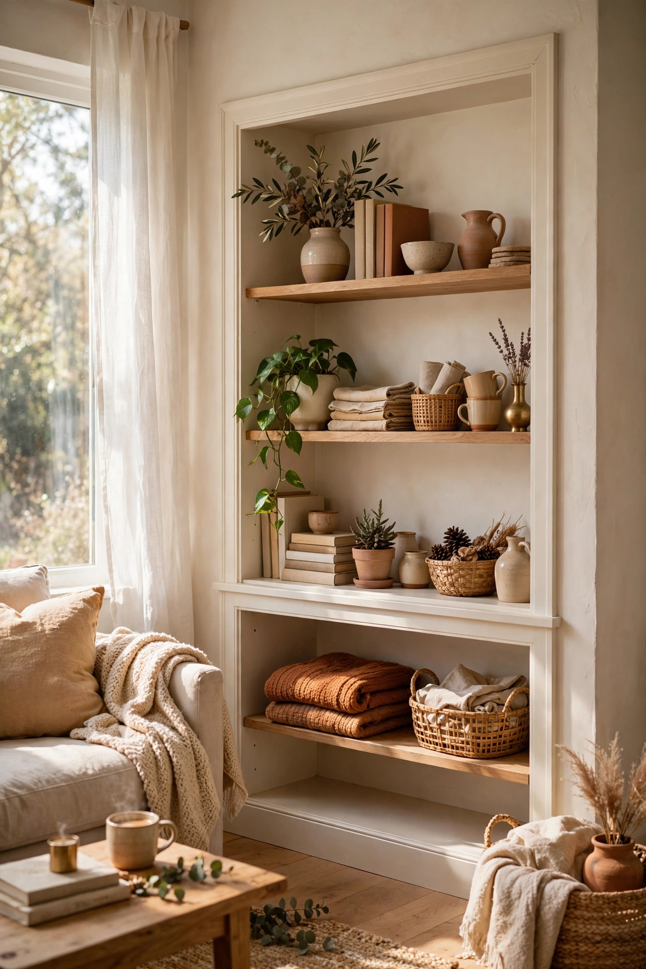 Built-in cabinet with doors removed for an airy open-shelf look in a small living room