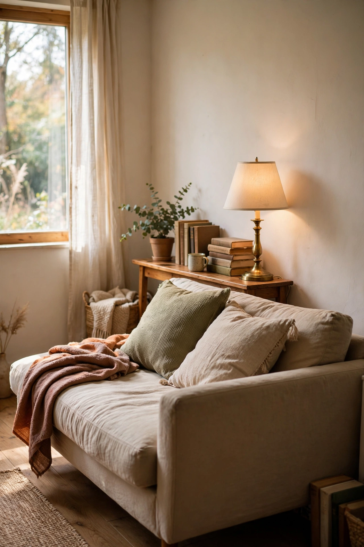 Slim 10-inch console table tucked behind a floated sofa in a small living room