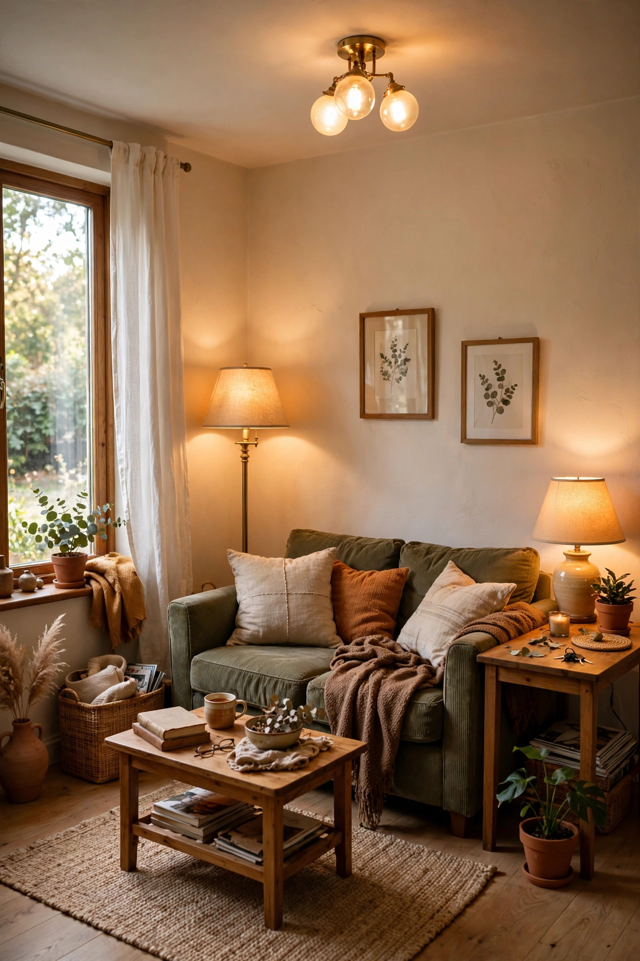 Three levels of warm lighting in a small living room eliminating dark corners