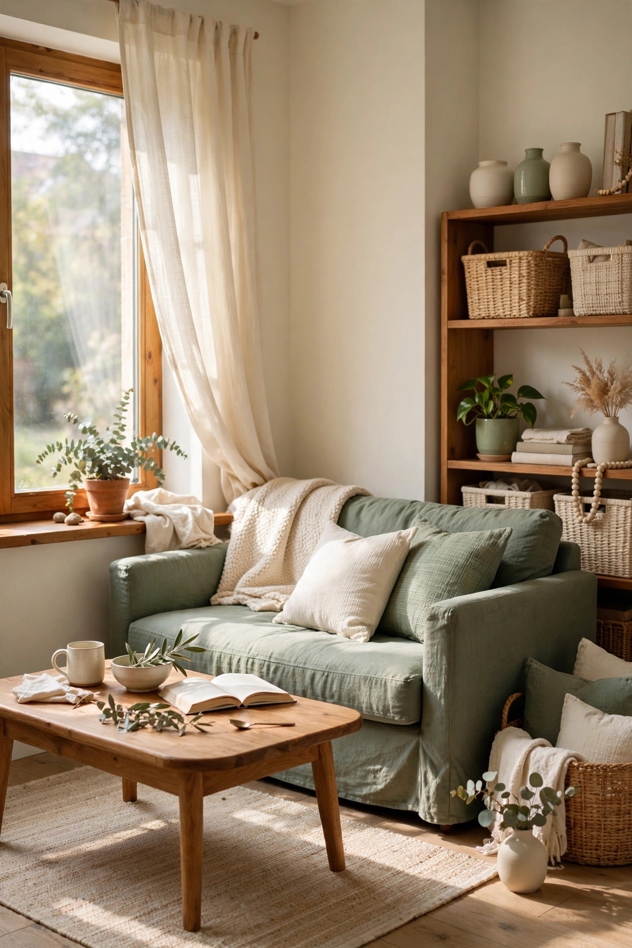 Small living room in a tight three-color palette of cream wood and sage