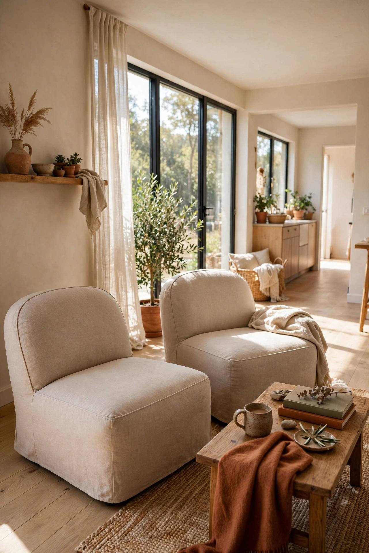 Two armless slipper chairs tucked neatly in a small living room seating area