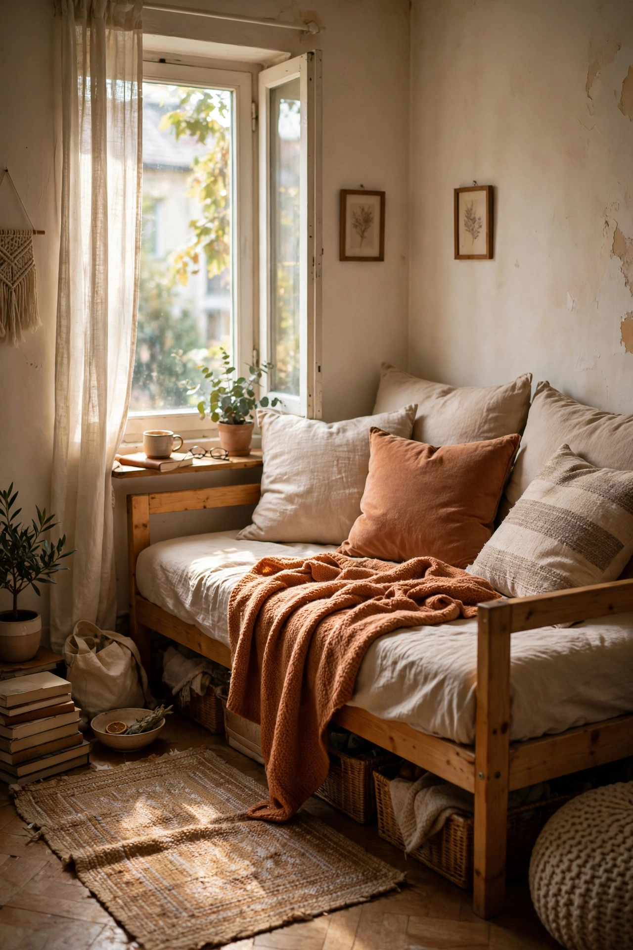 Daybed styled as a sofa with large pillows in a tiny studio living room