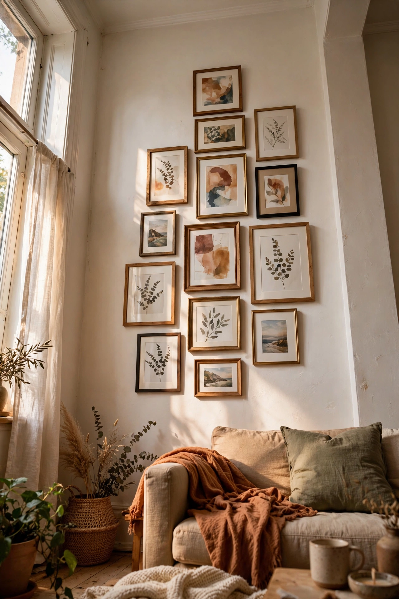 Gallery wall hung higher than usual stretching the walls of a small living room