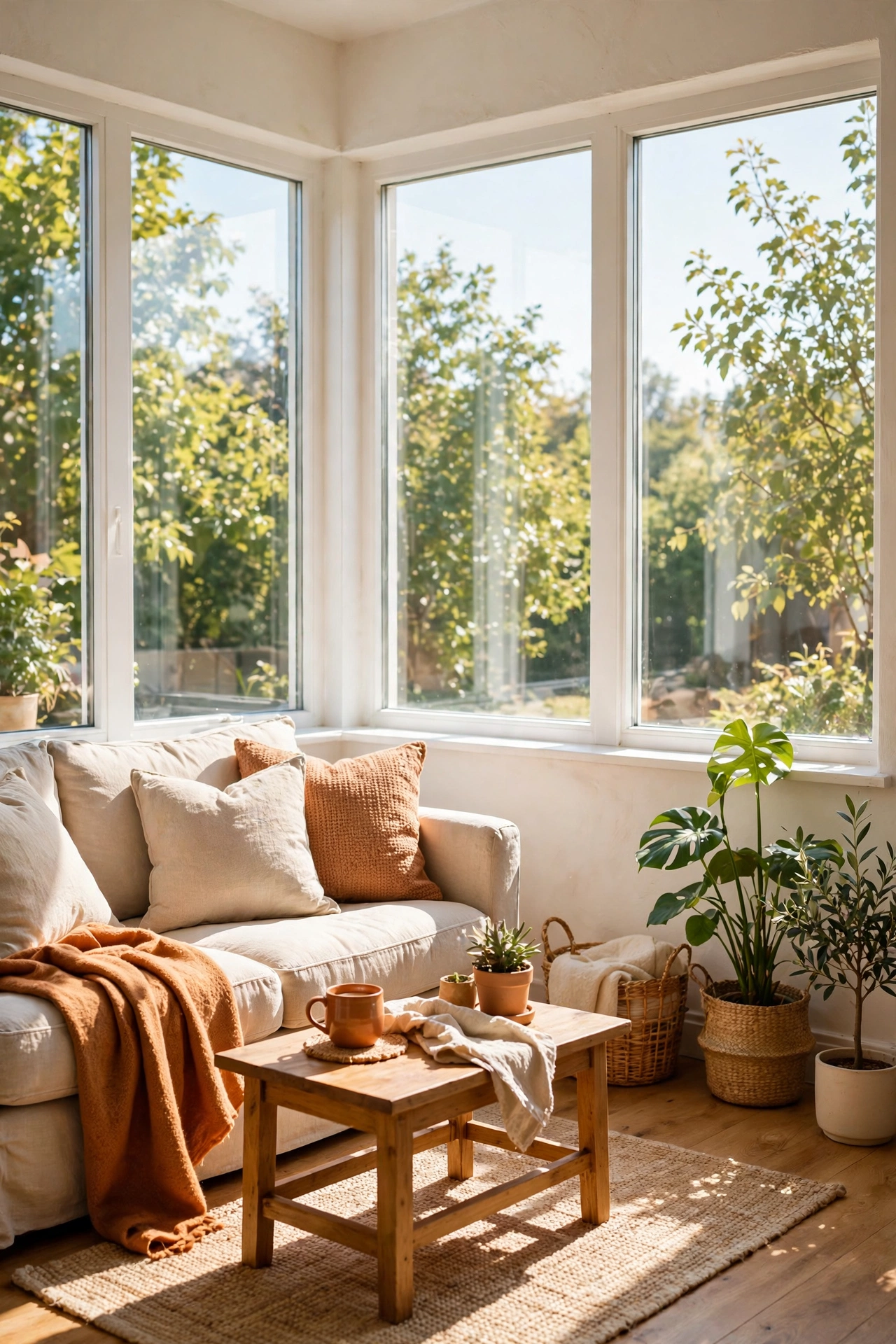 Completely clear bright windowsills maximizing light in a small living room