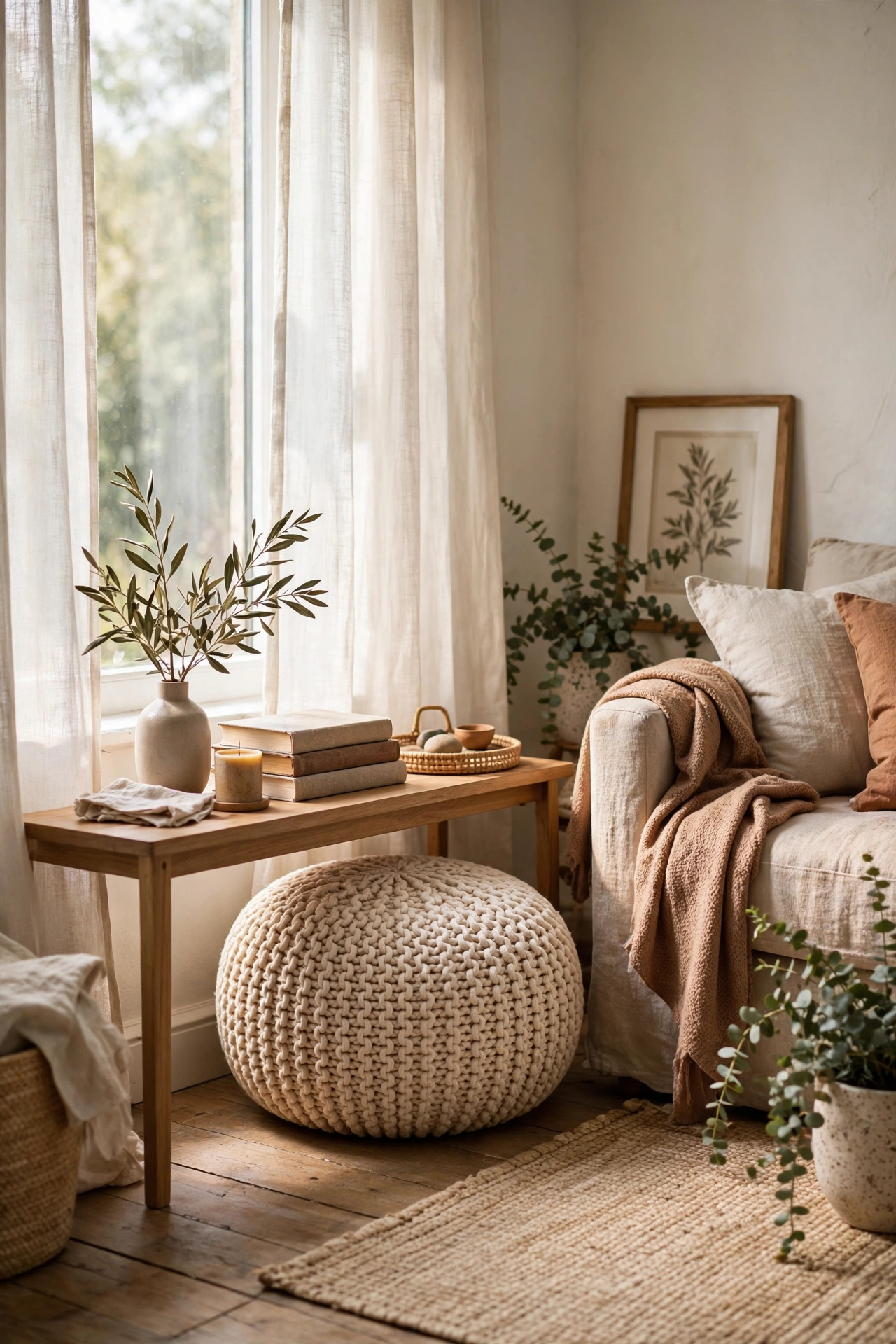 Round knit pouf tucked under a console in a small living room