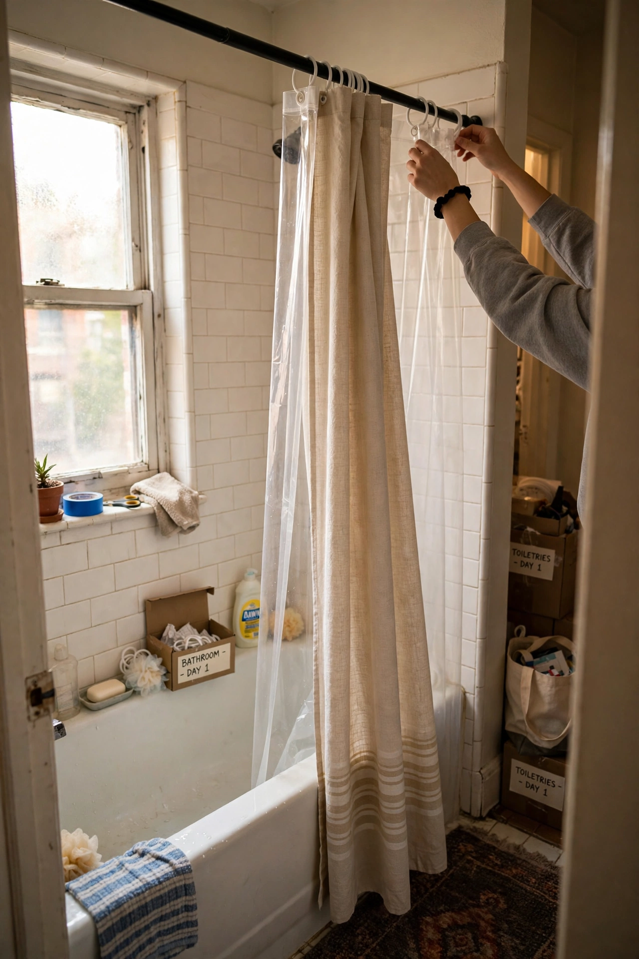 Hang a Shower Curtain and Liner on Day One in a budget first apartment