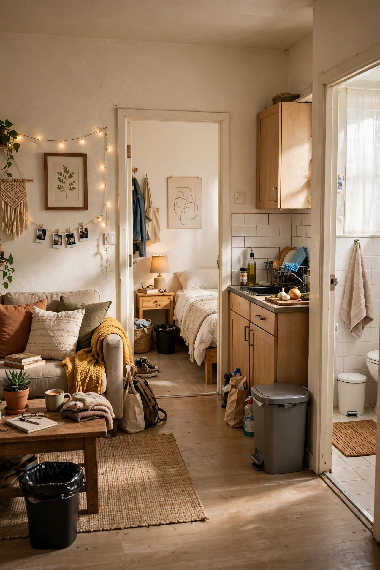 Place a Trash Can in Every Room in a budget first apartment