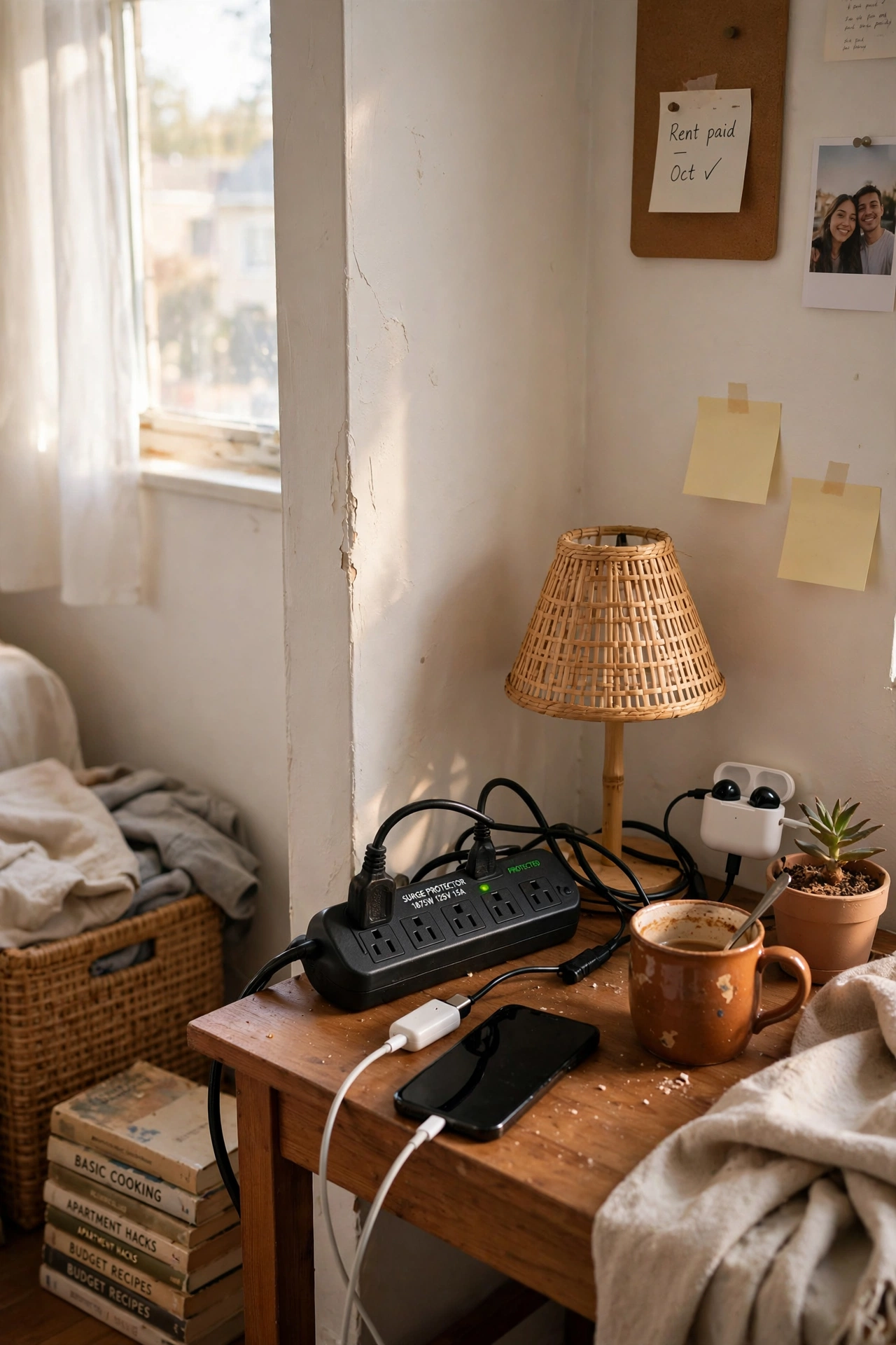 Add a Power Strip With Surge Protection in a budget first apartment