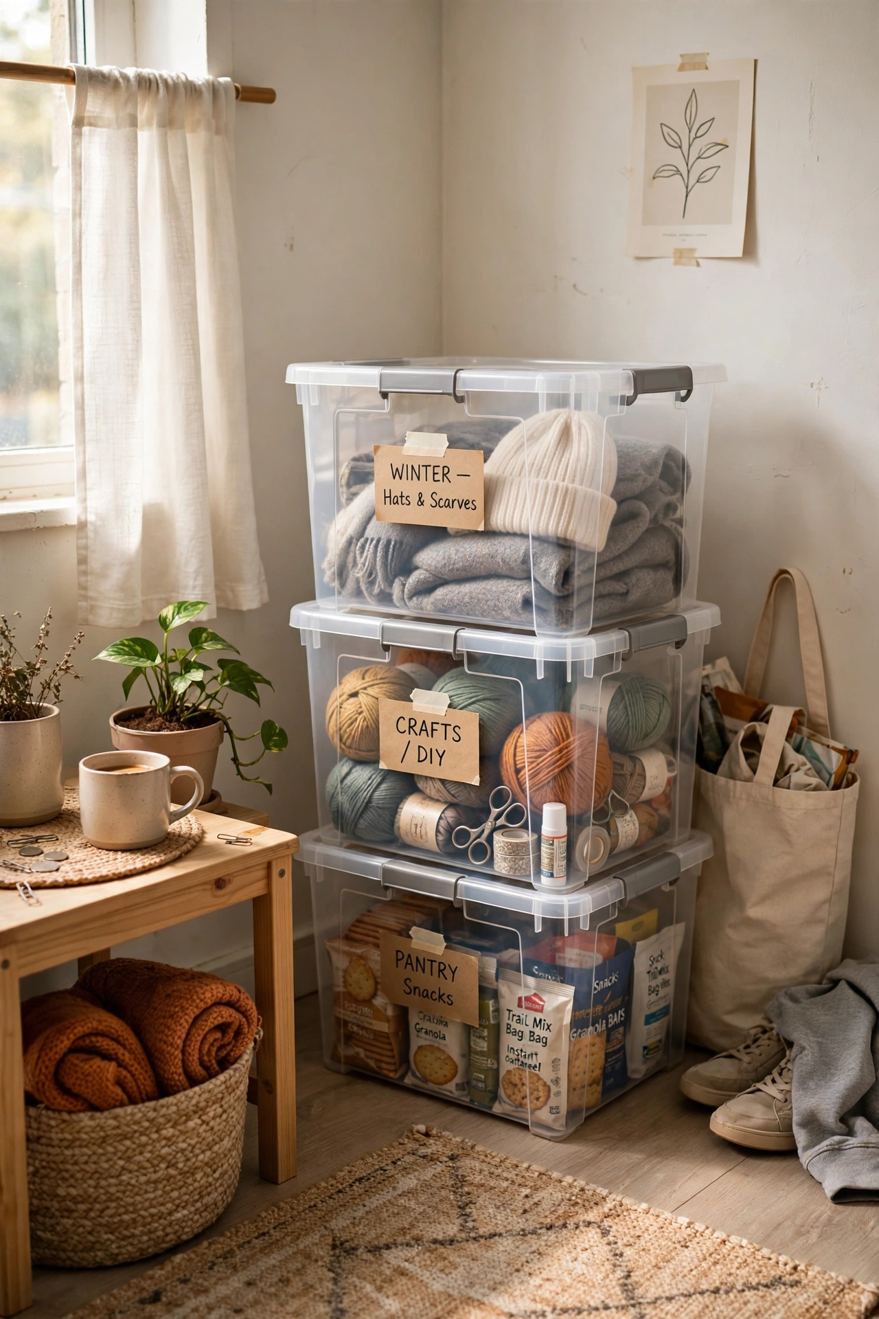 Stock Stackable Storage Bins in a budget first apartment