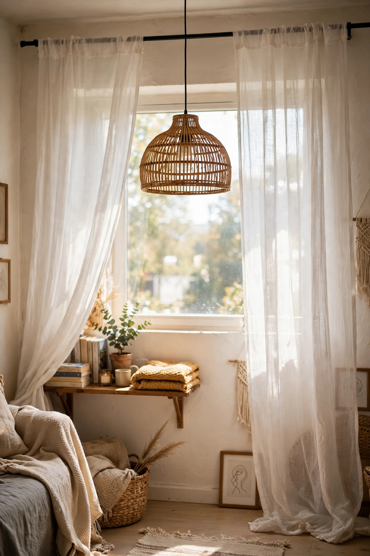 Hang Light, Airy Curtains High and Wide in a cozy small apartment
