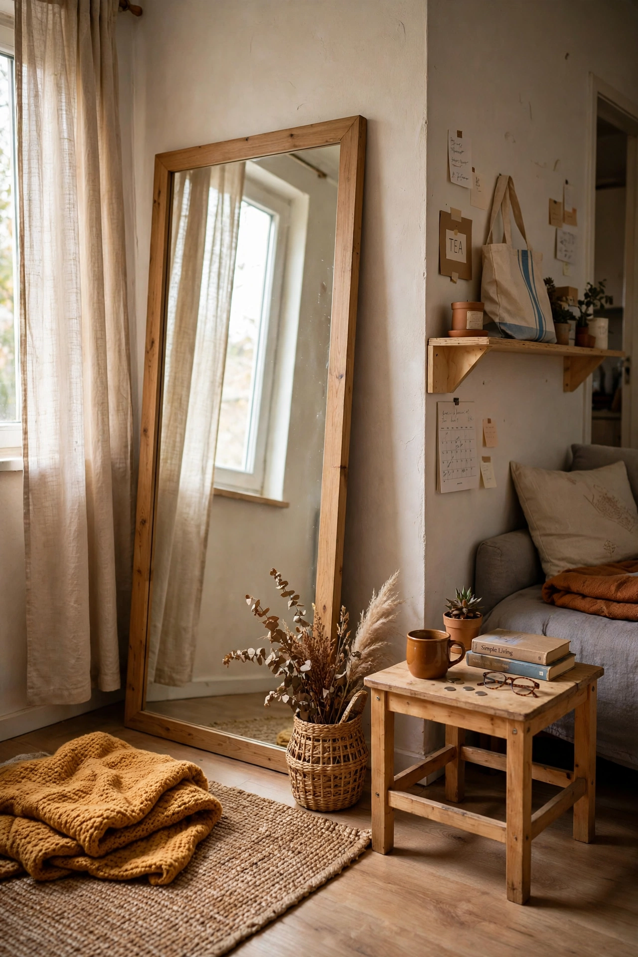 Lean a Big Mirror Against the Wall in a cozy small apartment