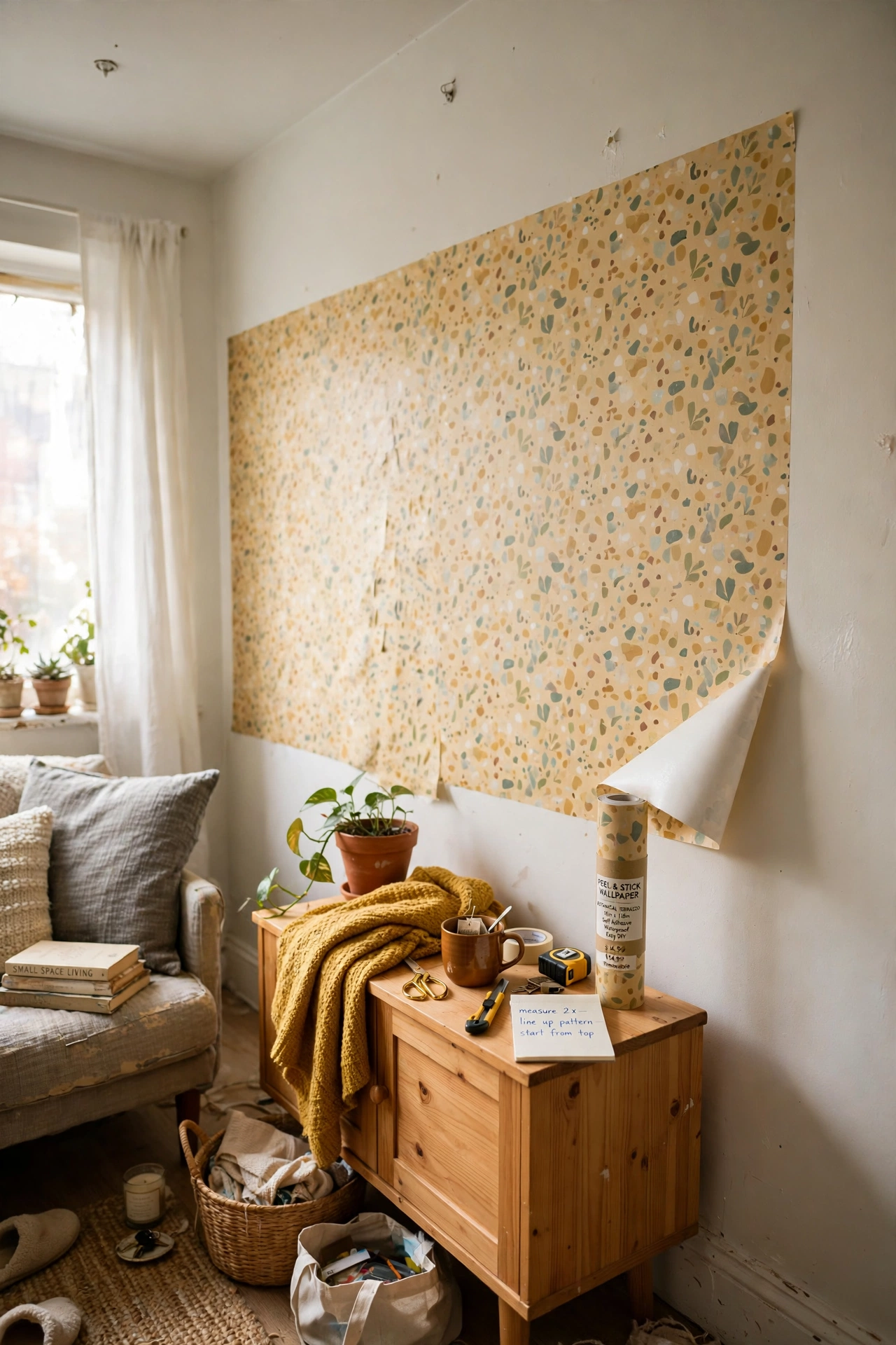 Try Peel-and-Stick Wallpaper on One Wall in a cozy small apartment
