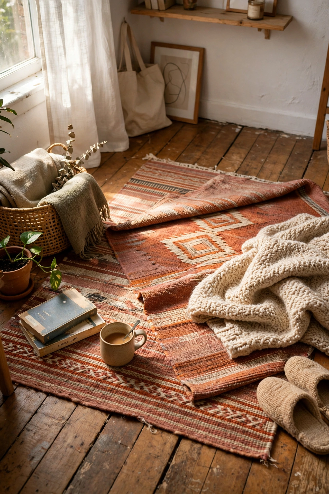 Layer a Cozy Rug Over Bare Floors in a cozy small apartment