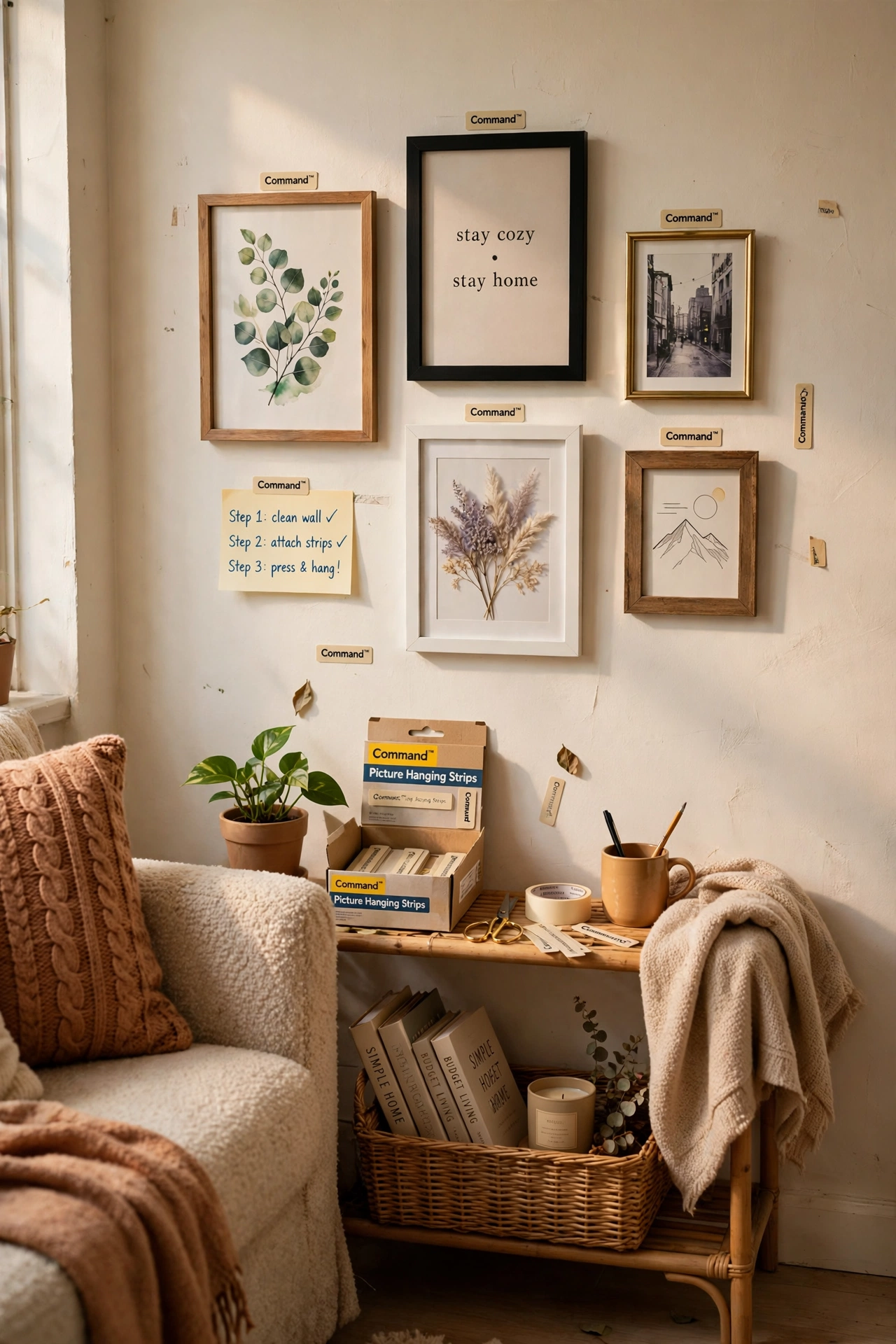 Build a Gallery Wall With Command Strips in a cozy small apartment