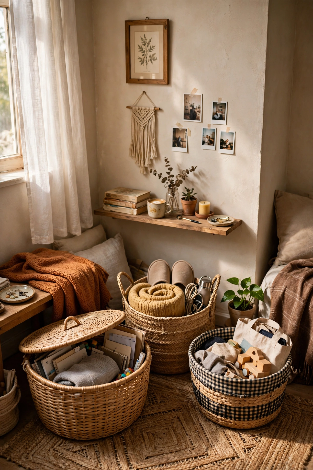 Hide Clutter in Pretty Baskets in a cozy small apartment
