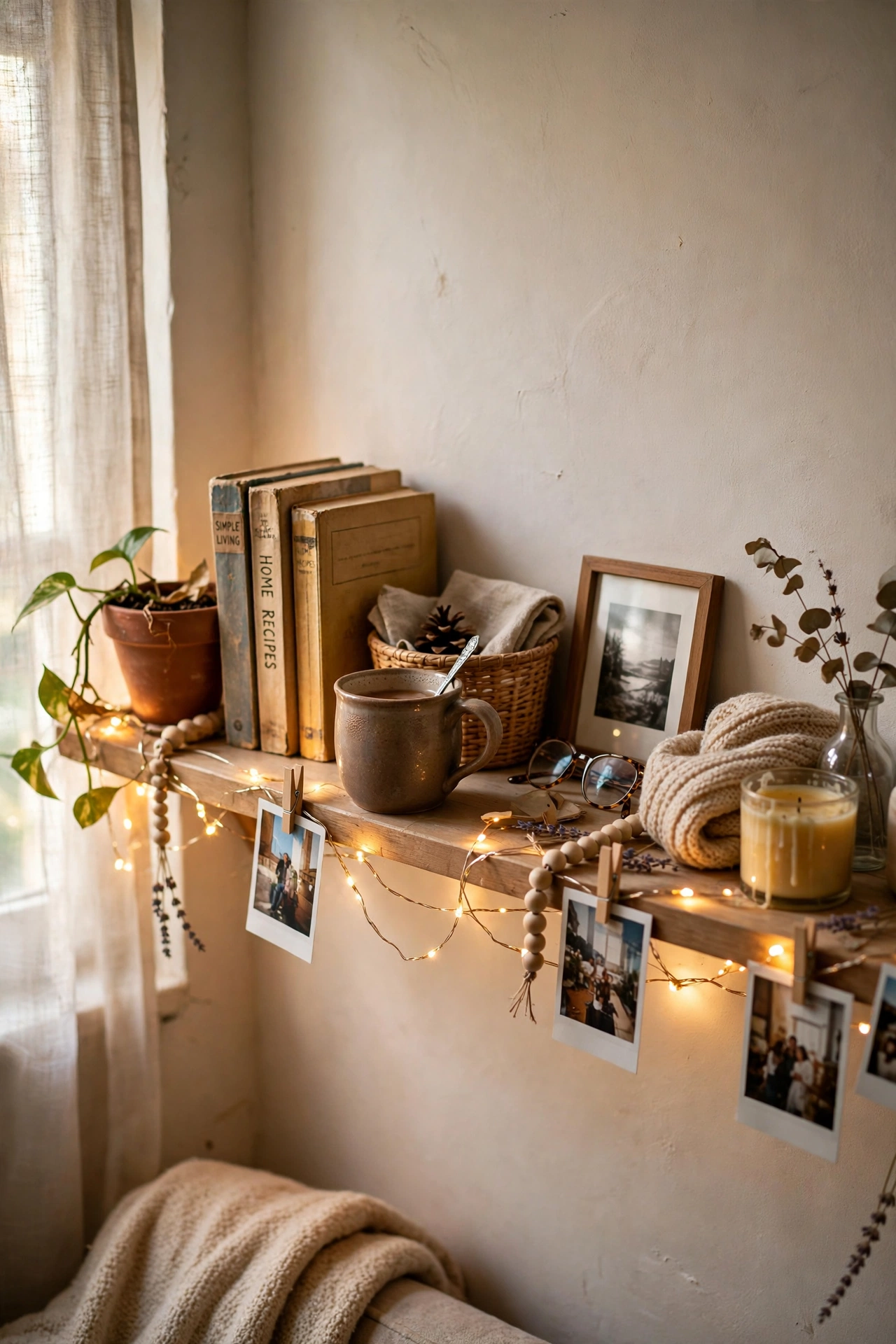 String Warm Fairy Lights Along a Shelf in a cozy small apartment
