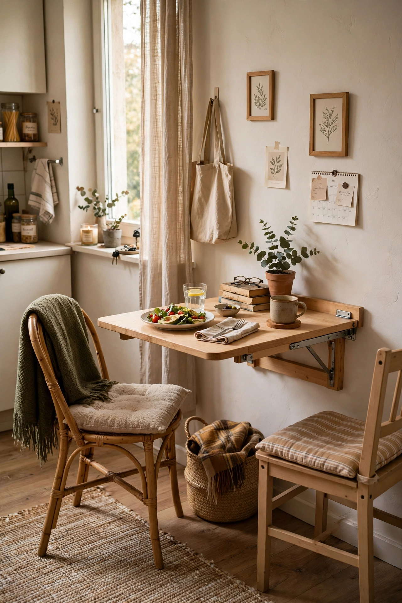 Use a Fold-Down Table for Dining in a cozy small apartment