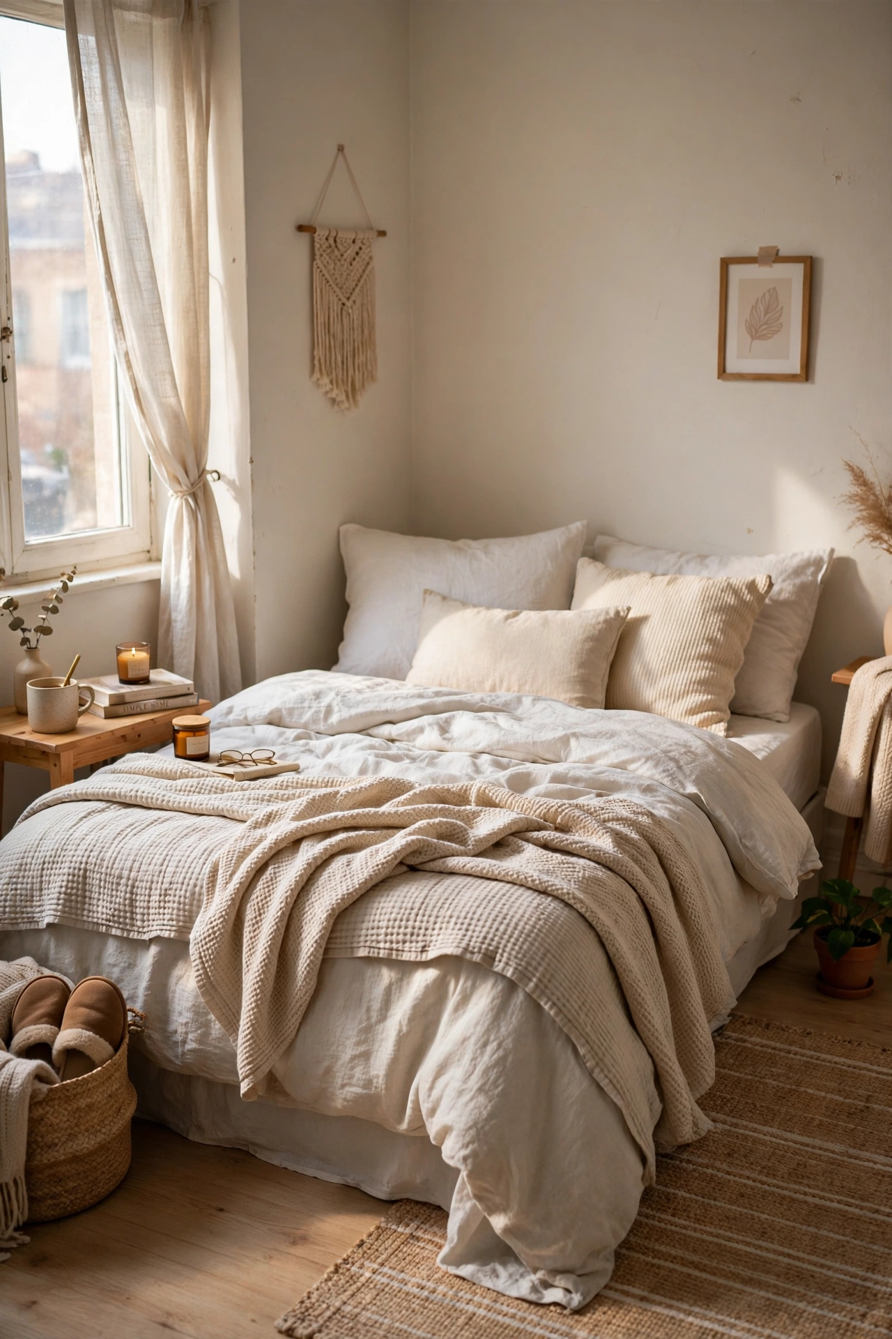 Keep Bedding Light and Layered in a cozy small apartment