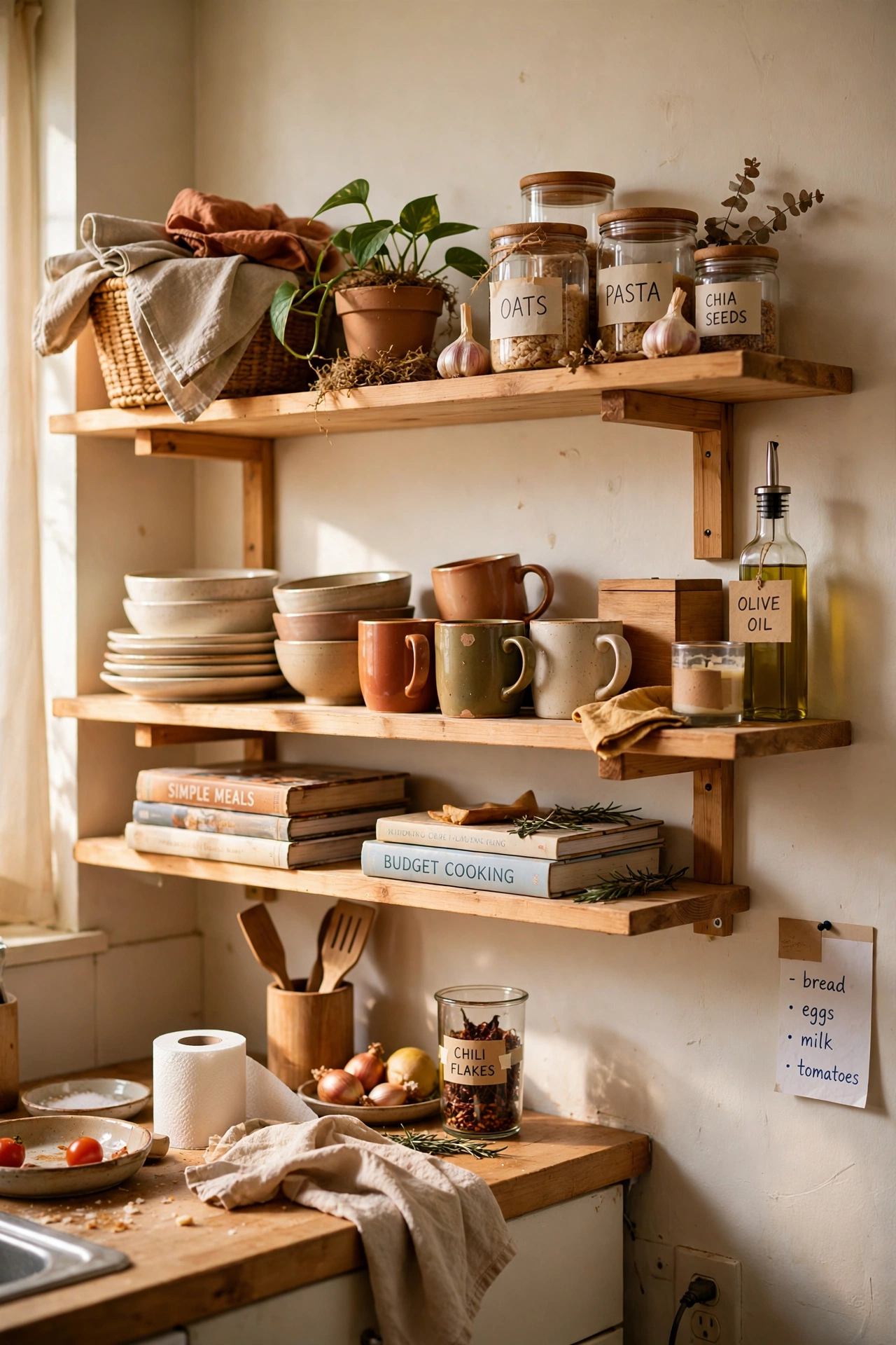 Open Up Kitchen Shelving in a cozy small apartment