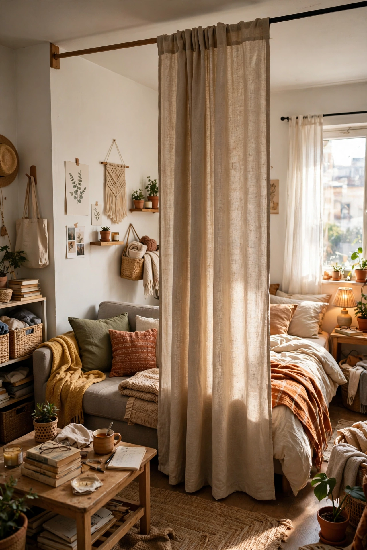 Hang a Curtain to Divide a Studio in a cozy small apartment