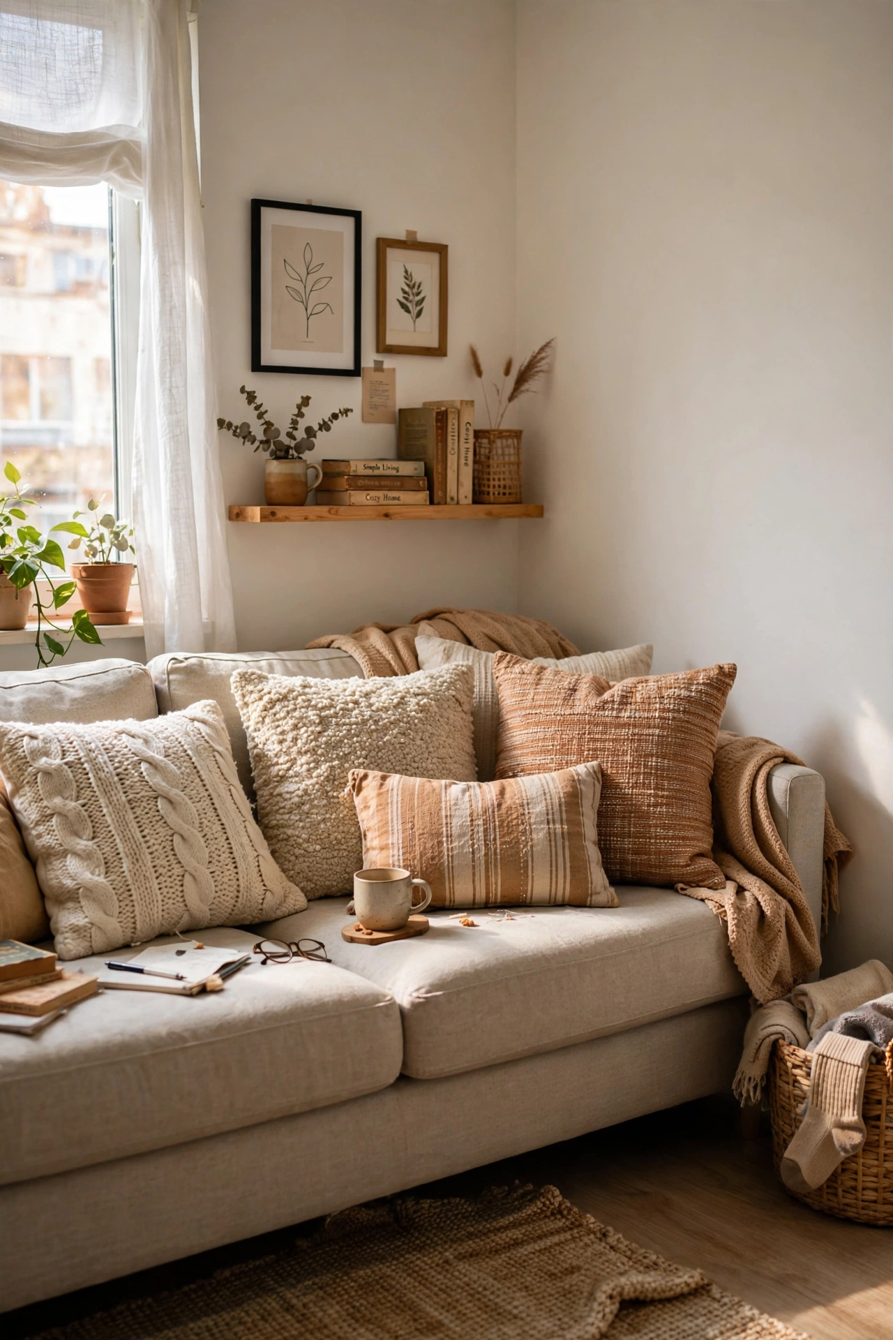 Add Throw Pillows With Texture in a cozy small apartment