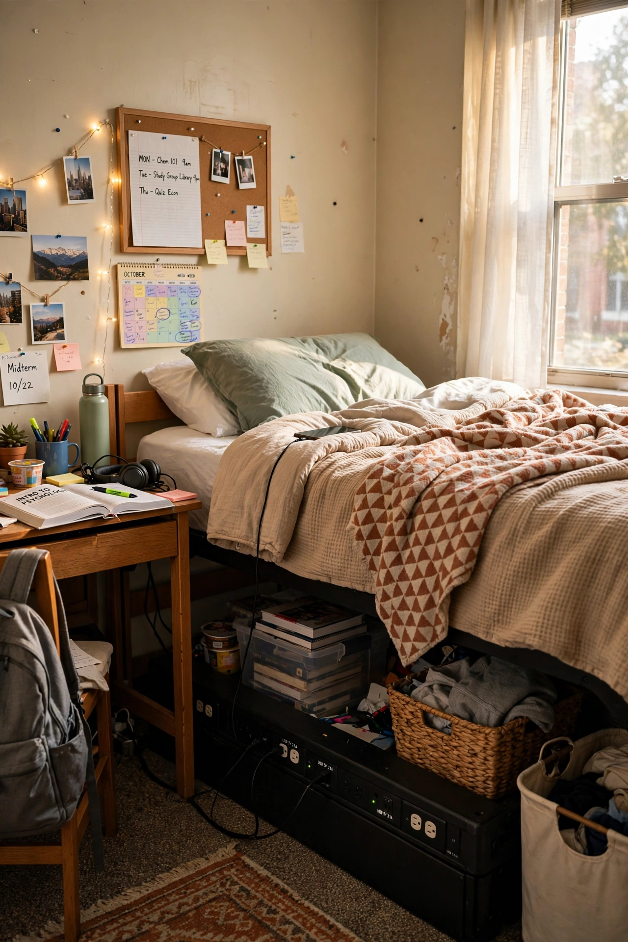 Add Bed Risers With Built-In Outlets in a small dorm room