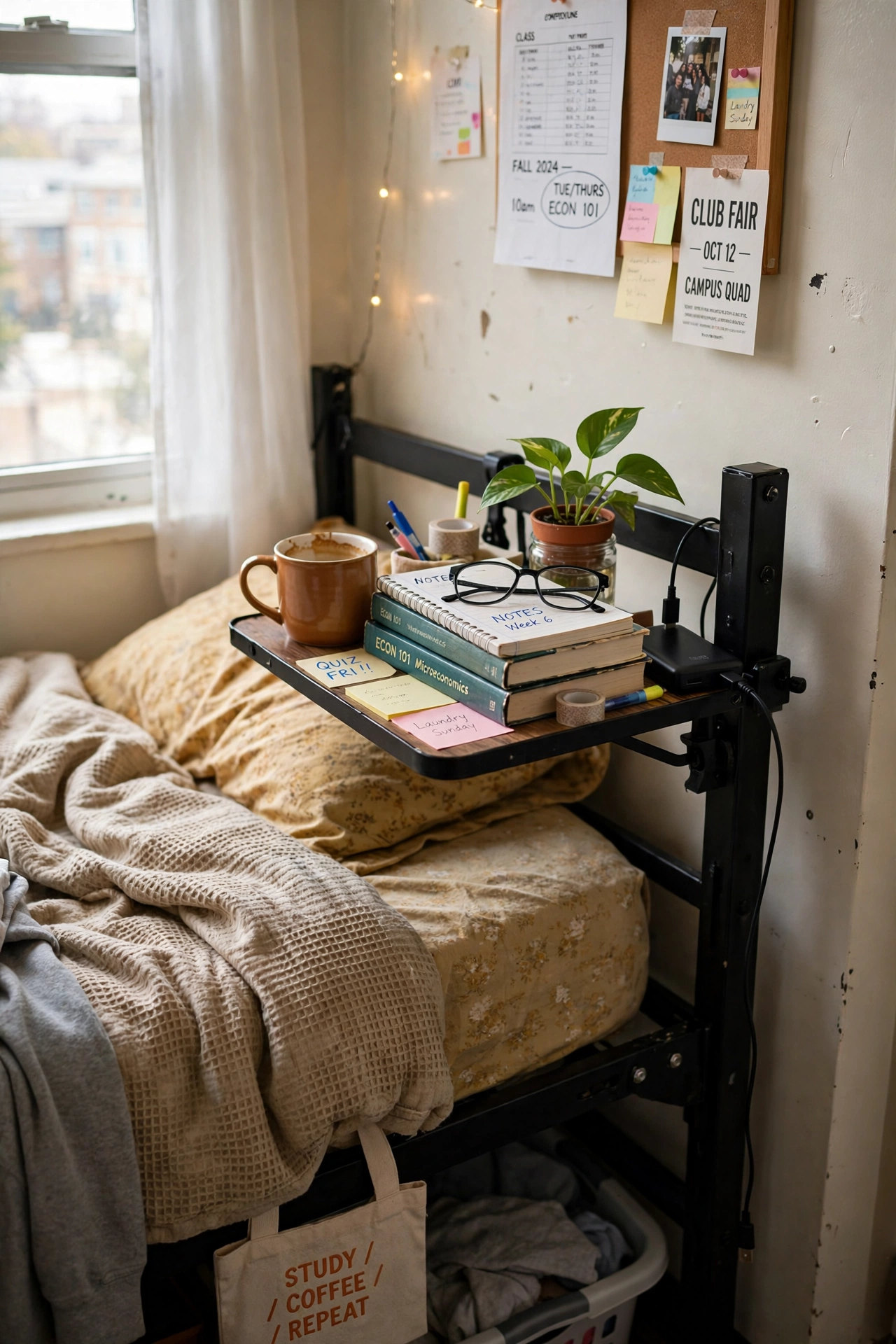 Clip a Bedside Shelf to the Frame in a small dorm room