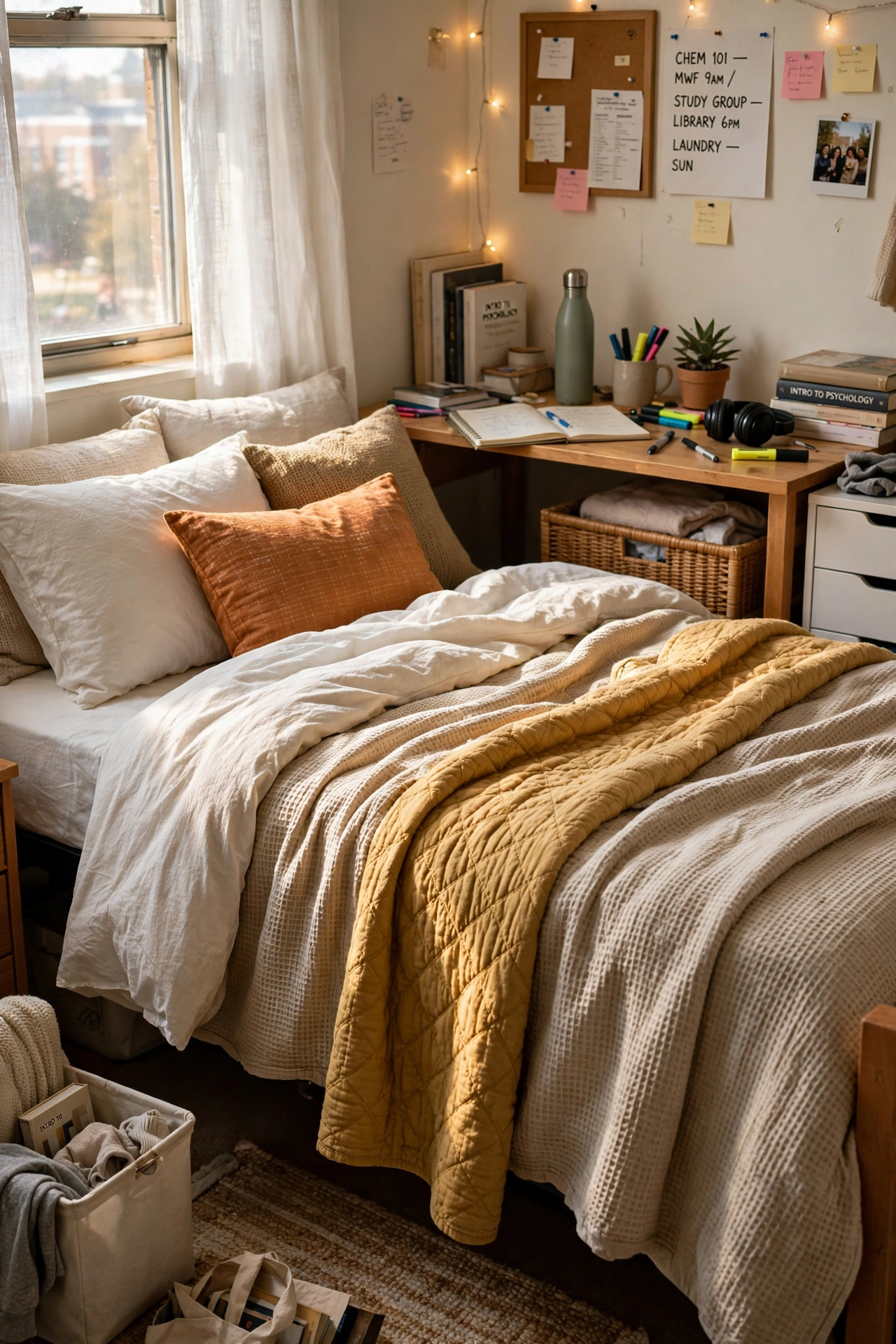 Layer Cozy Bedding You Can Wash Weekly in a small dorm room