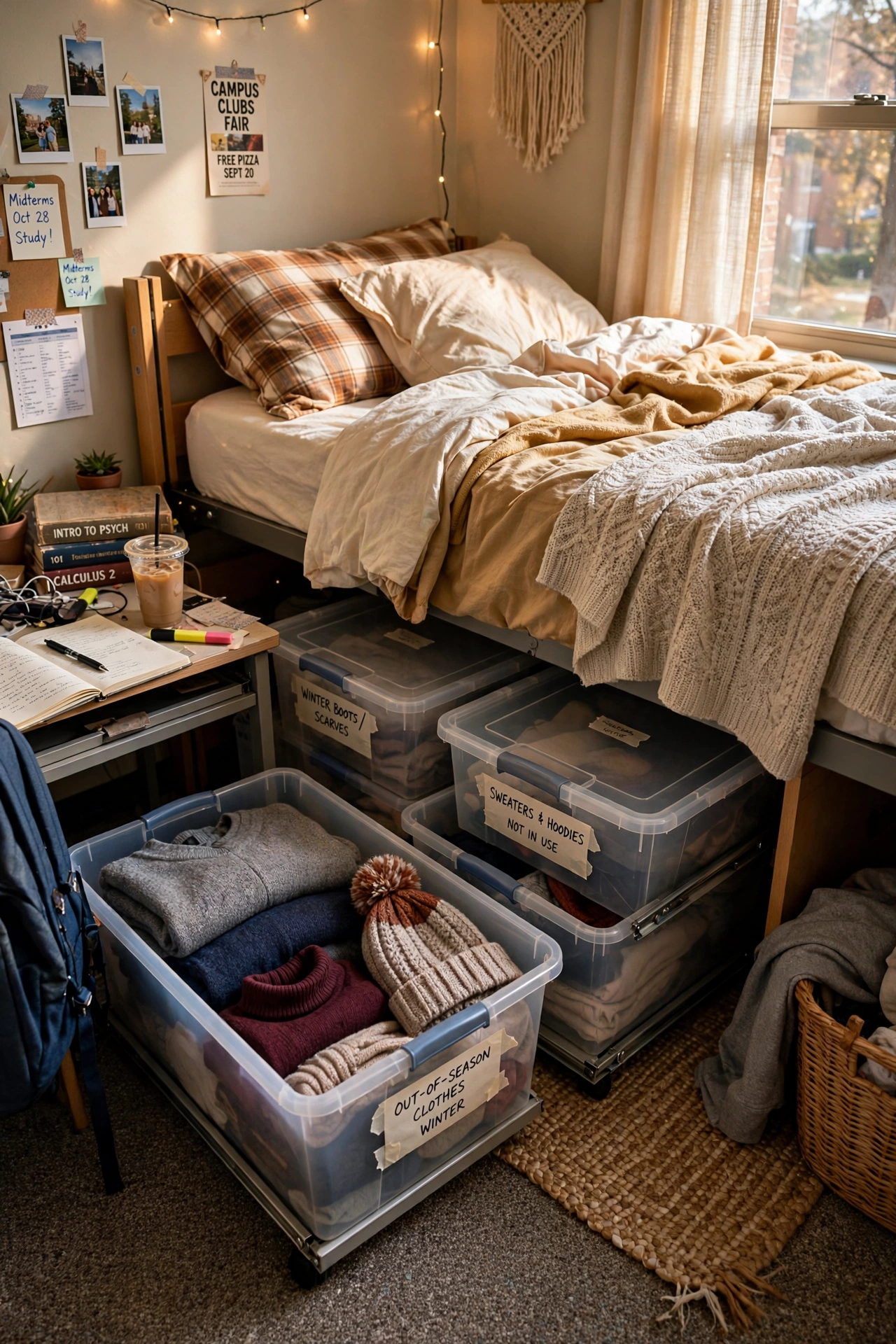 Slide Under-Bed Bins for Out-of-Season Clothes in a small dorm room