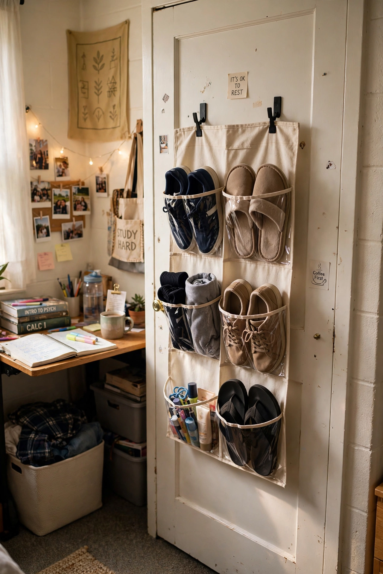 Use a Hanging Shoe Organizer on the Closet Door in a small dorm room