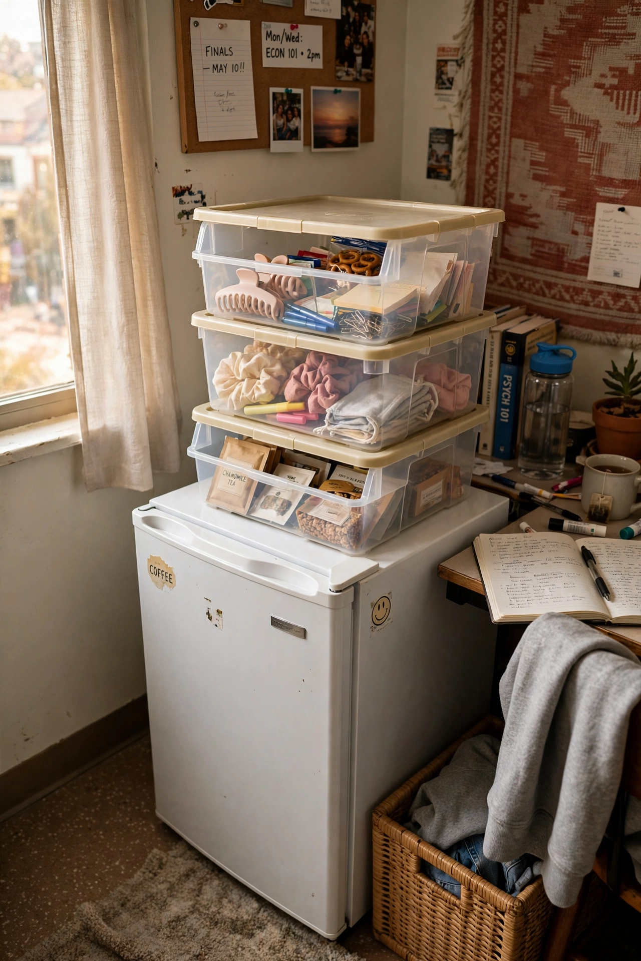 Stack a Mini Fridge Organizer Bin in a small dorm room