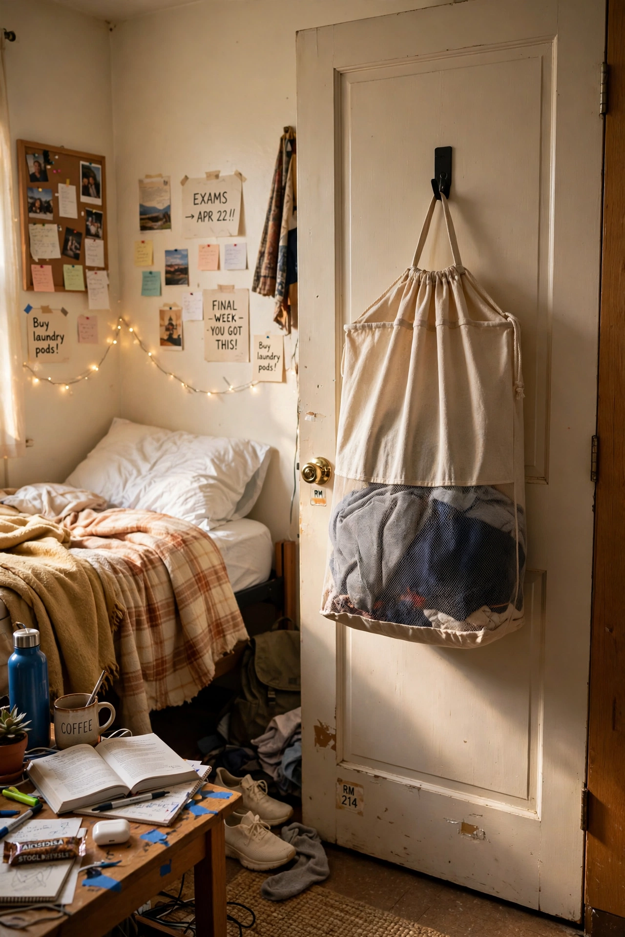 Use a Laundry Bag That Hangs on the Door in a small dorm room