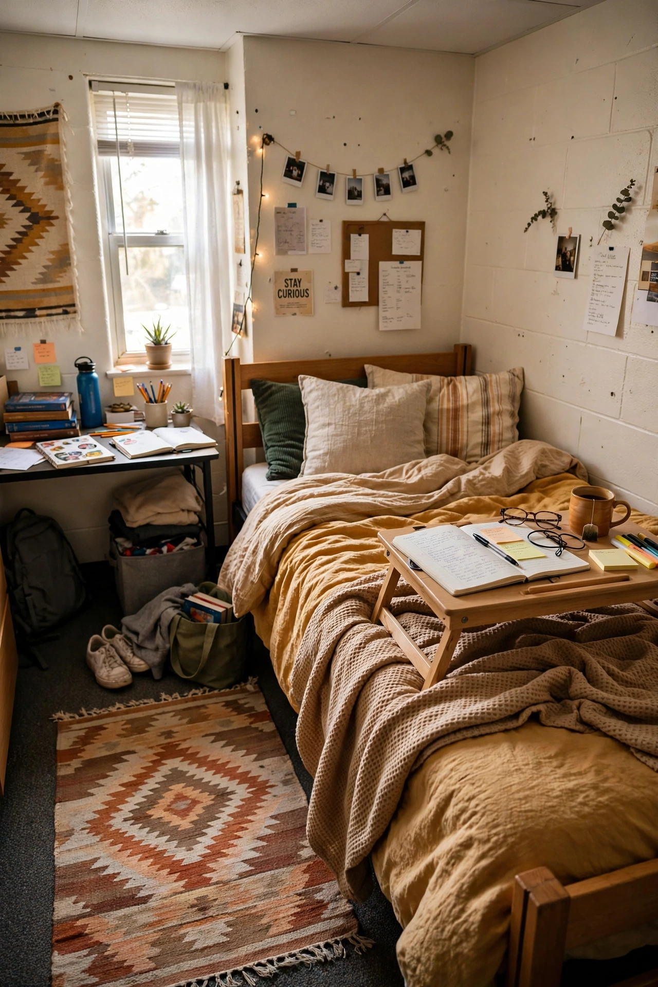 Keep a Lap Desk and a Floor Rug by the Bed in a small dorm room