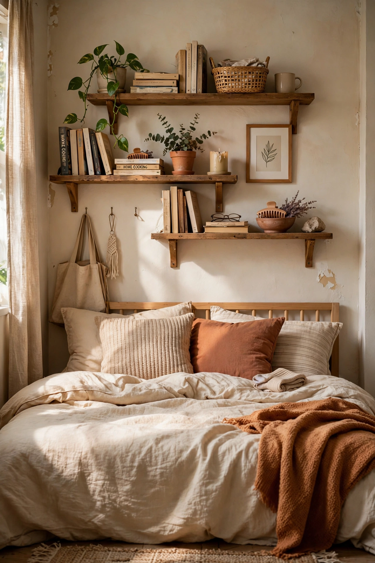 Mount Wall Shelves Above the Bed in a tiny bedroom
