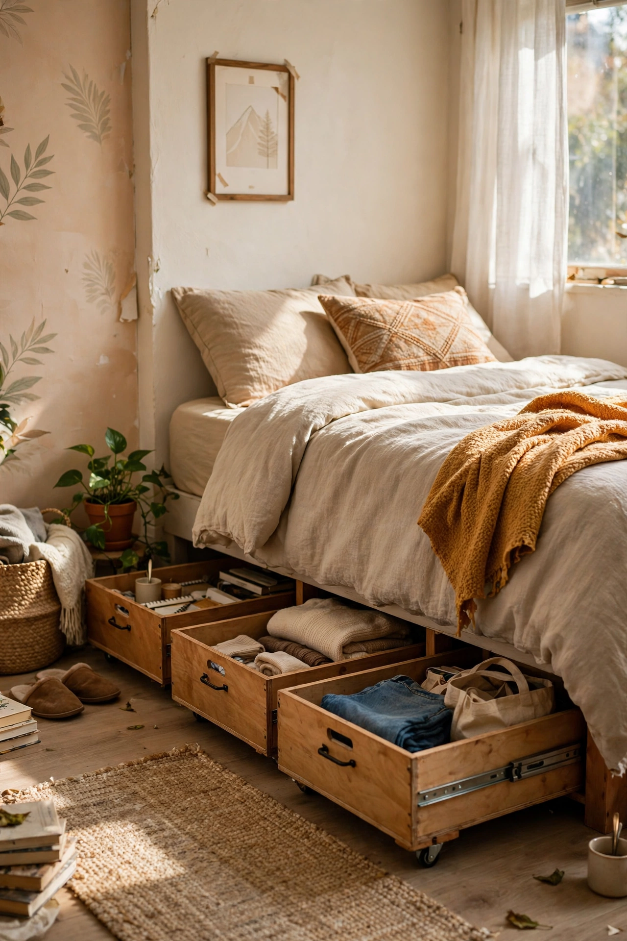 Slide Drawers Under the Bed in a tiny bedroom