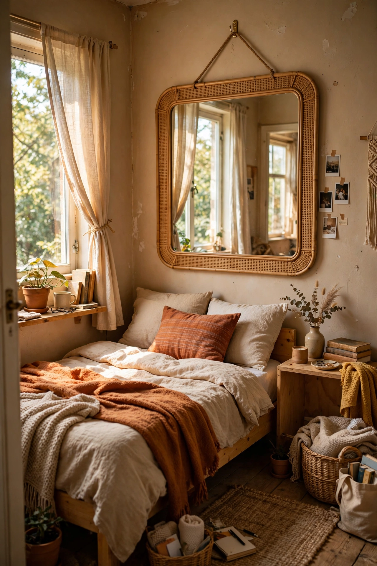 Hang a Mirror to Double the Room in a tiny bedroom