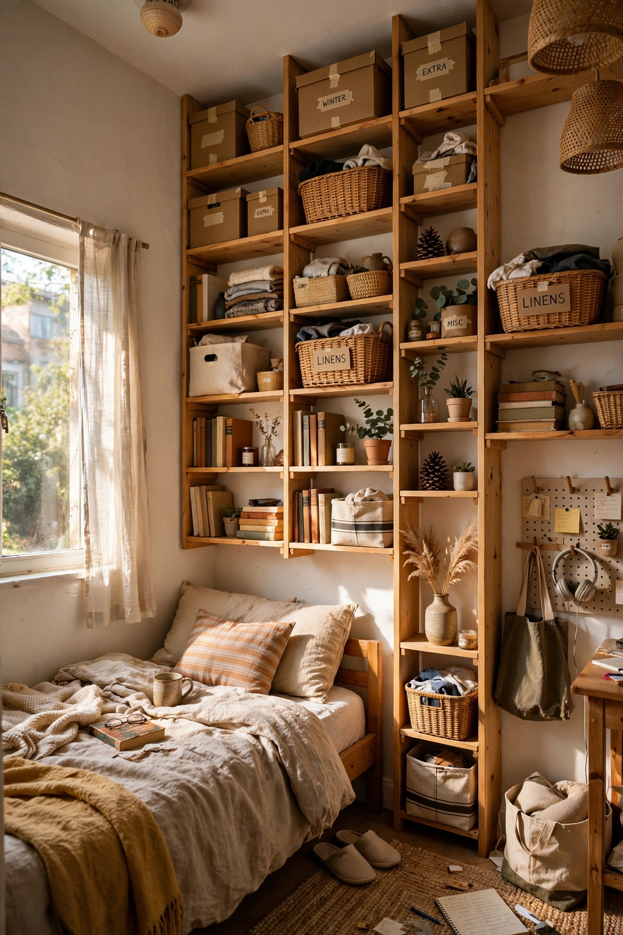 Store Up High With Vertical Shelving in a tiny bedroom
