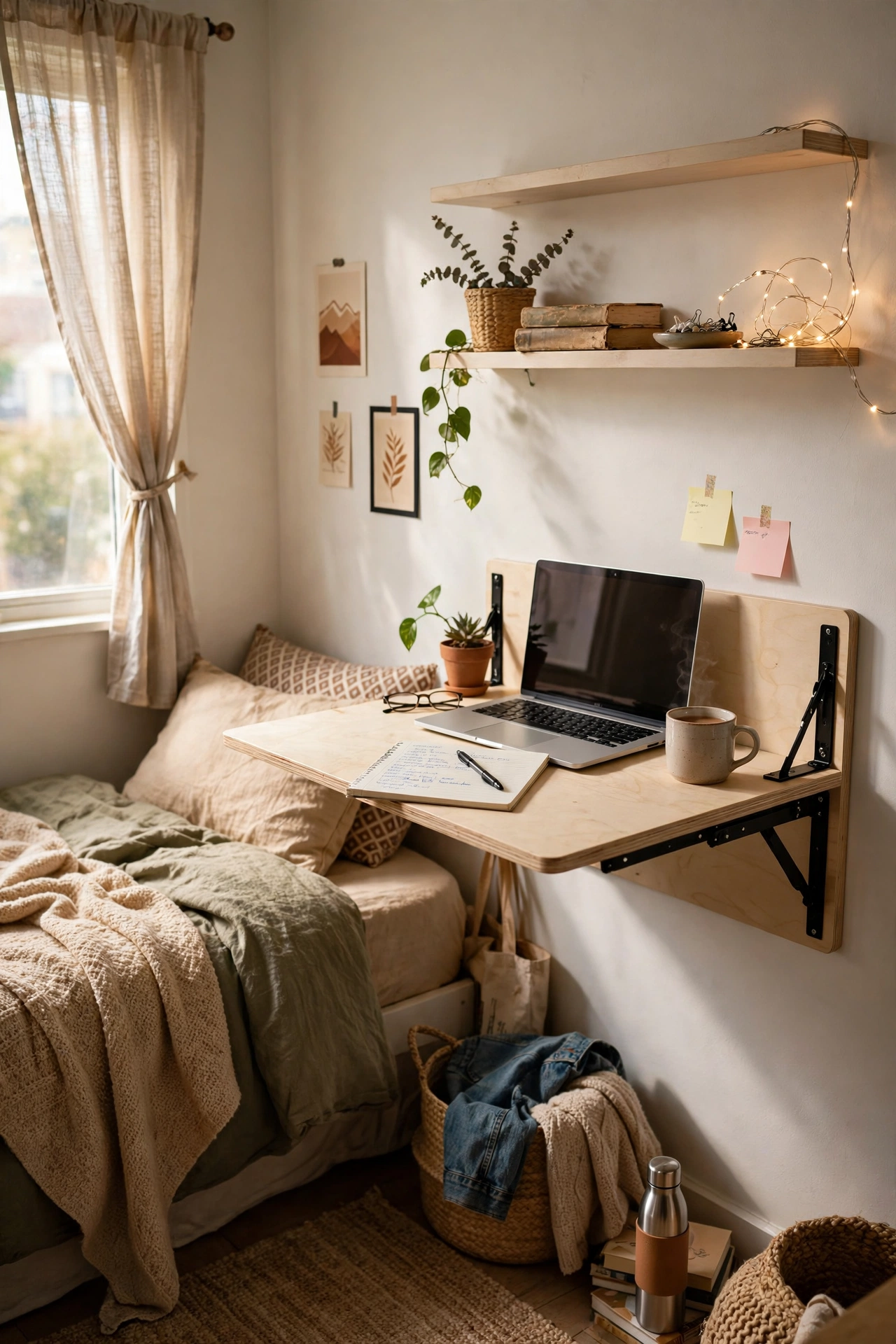 Install a Fold-Down Desk for Work in a tiny bedroom