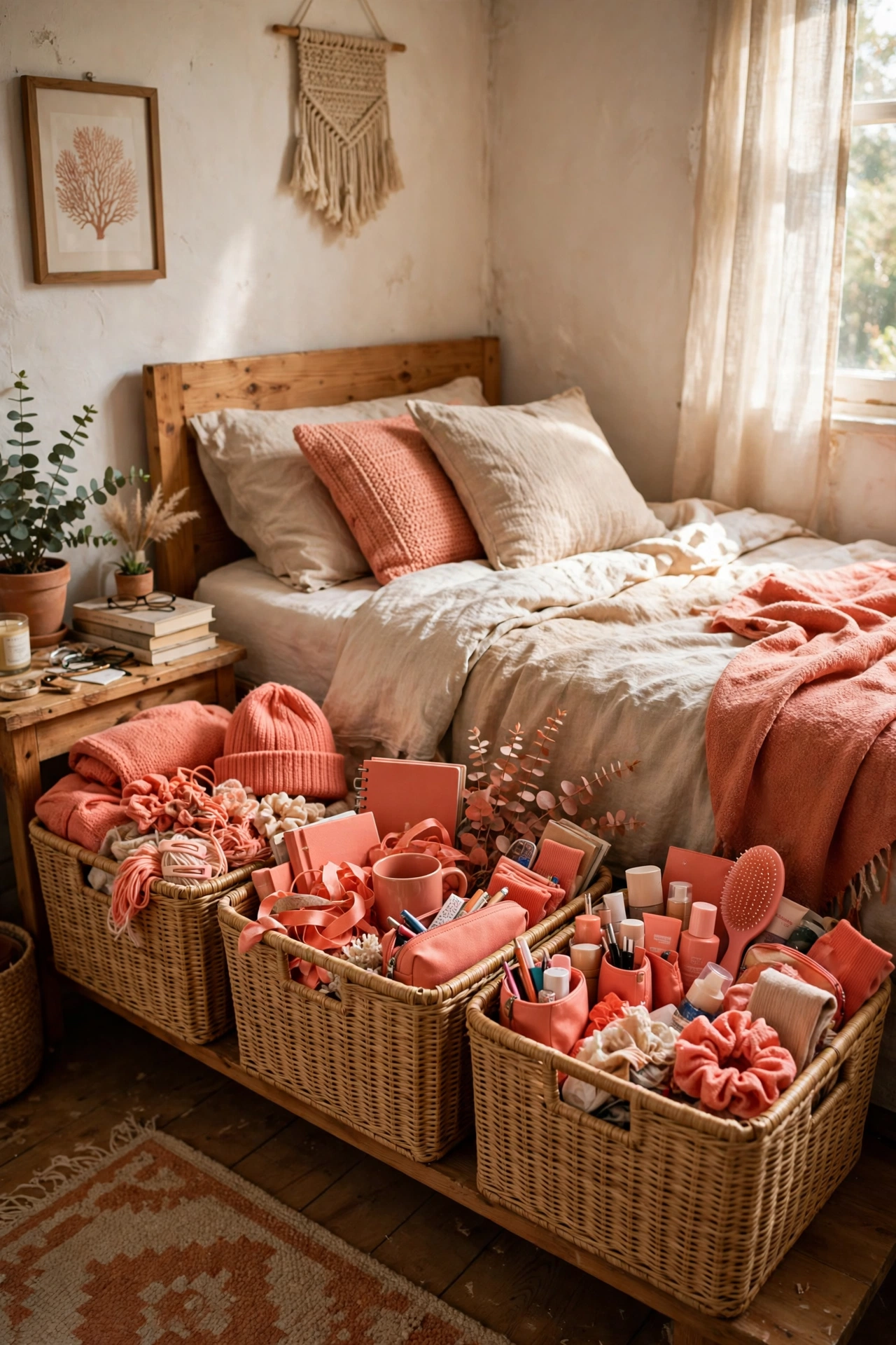Corral Clutter in Matching Baskets in a tiny bedroom