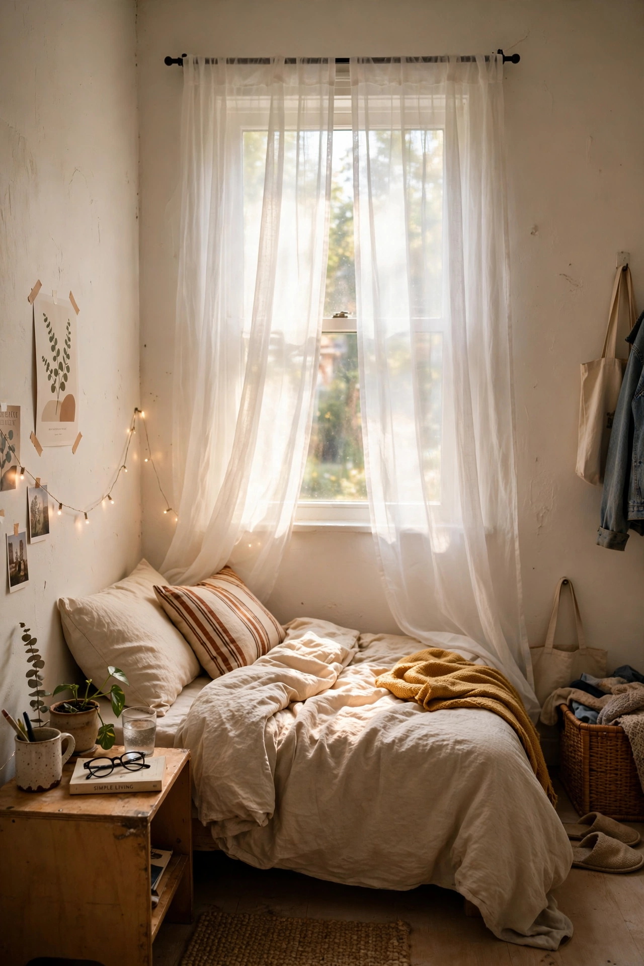 Hang Sheer Curtains for Soft Light in a tiny bedroom