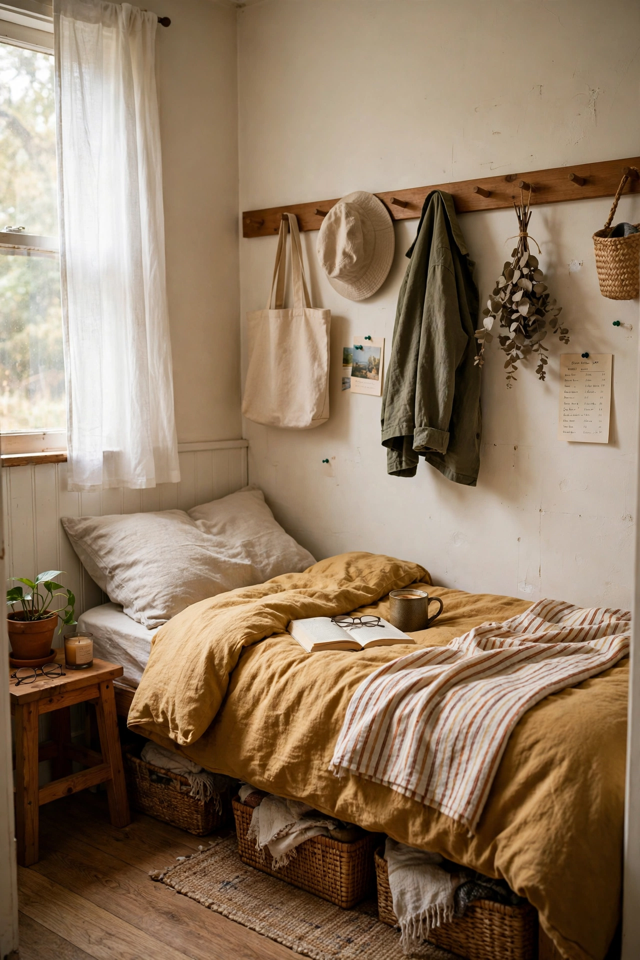 Run a Peg Rail Along One Wall in a tiny bedroom