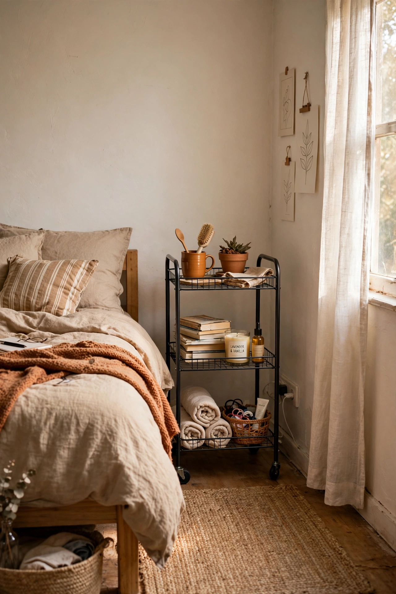 Roll a Slim Cart Between Bed and Wall in a tiny bedroom