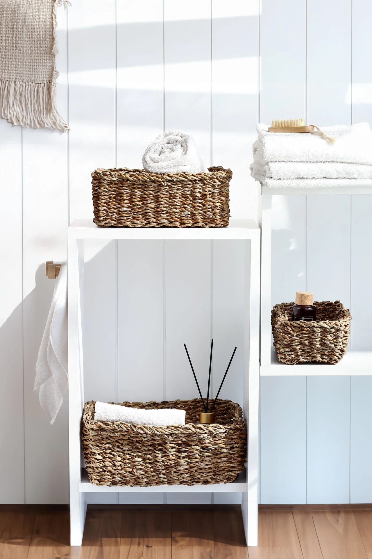 Corral Shelves With Matching Baskets in a small apartment