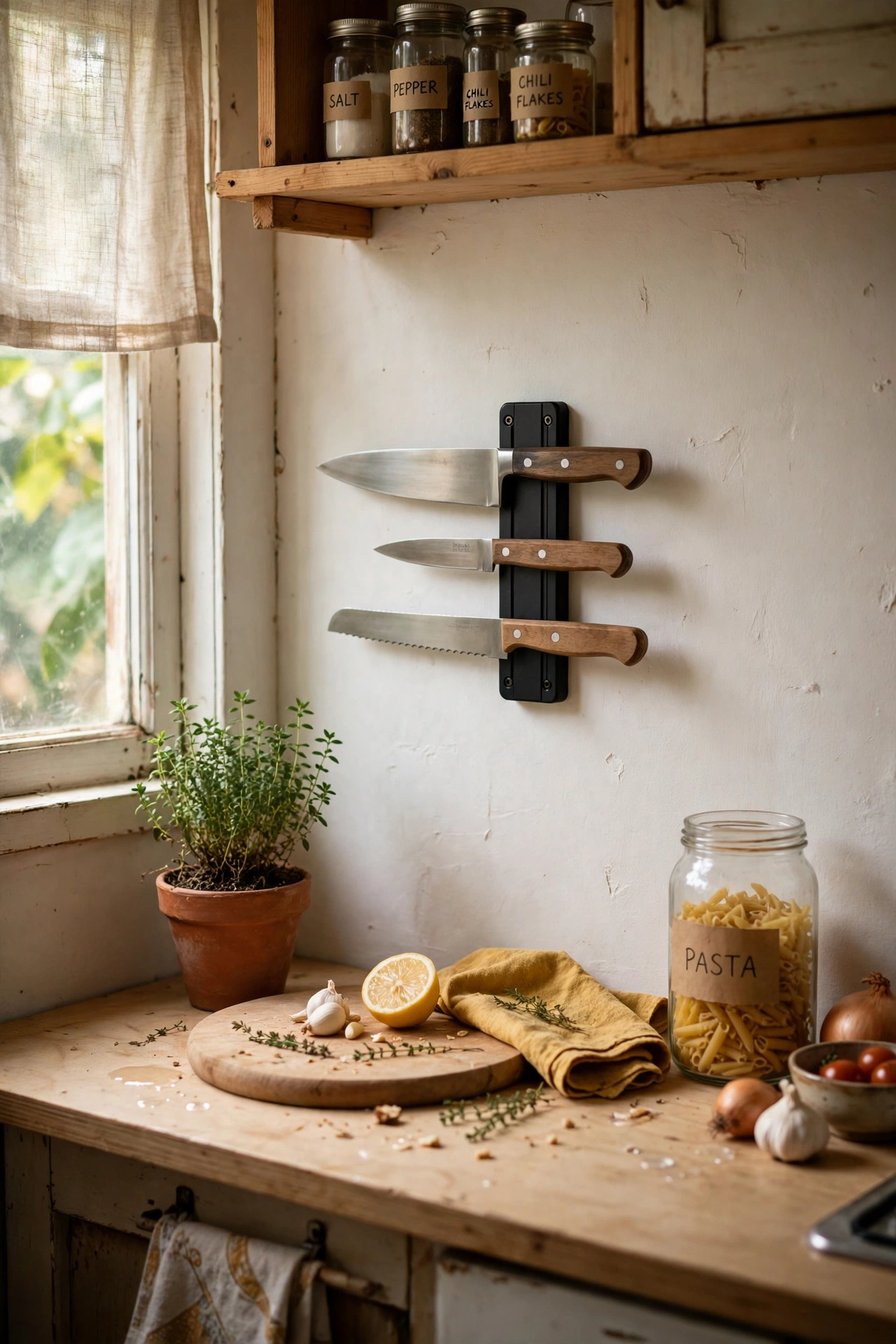 Stick a Magnetic Knife Strip on the Wall in a tiny kitchen