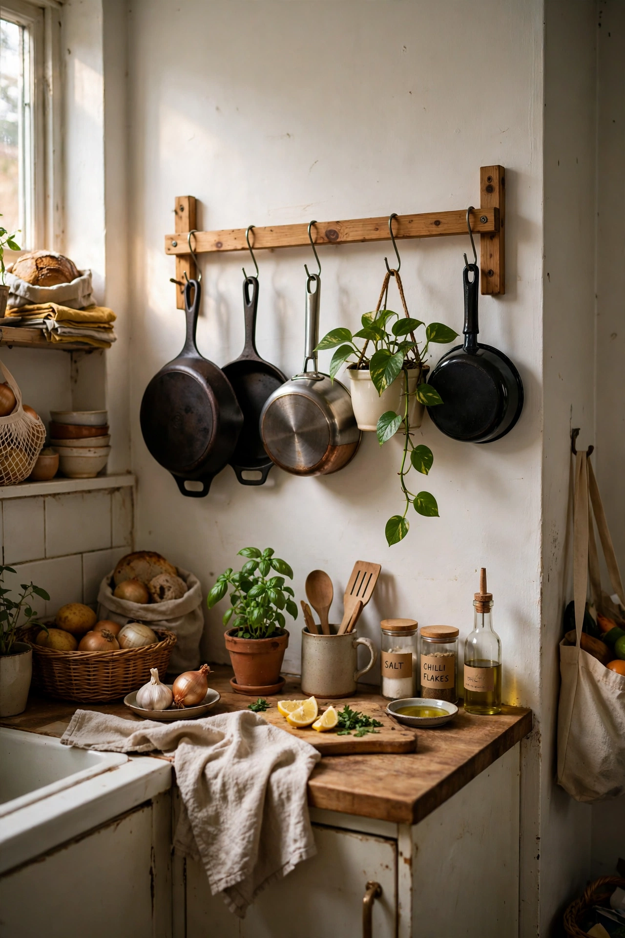 Hang Pots From a Wall Rack in a tiny kitchen