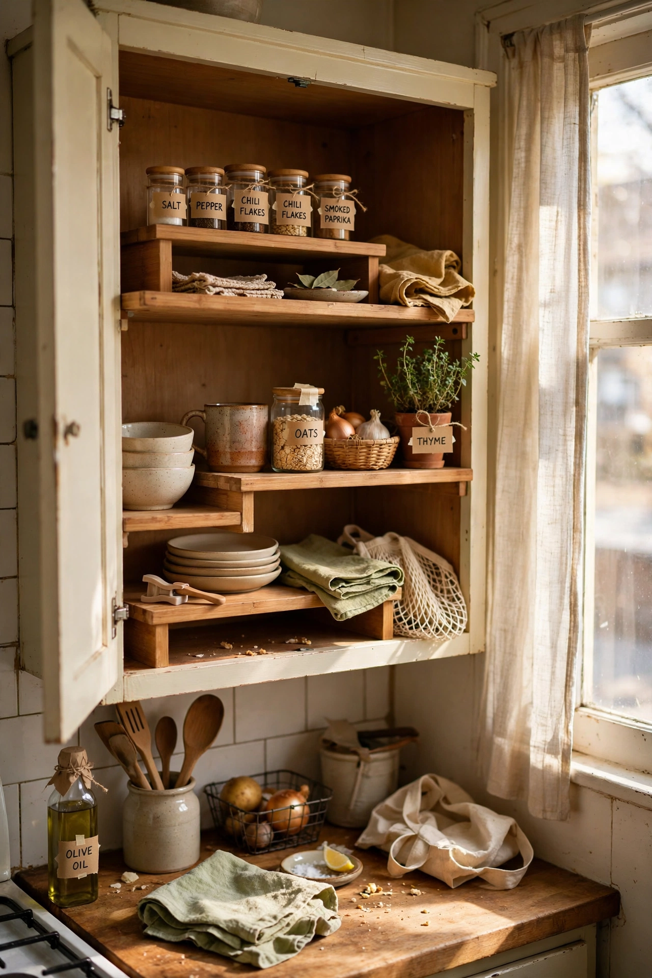 Raise Cabinet Shelves With Risers in a tiny kitchen