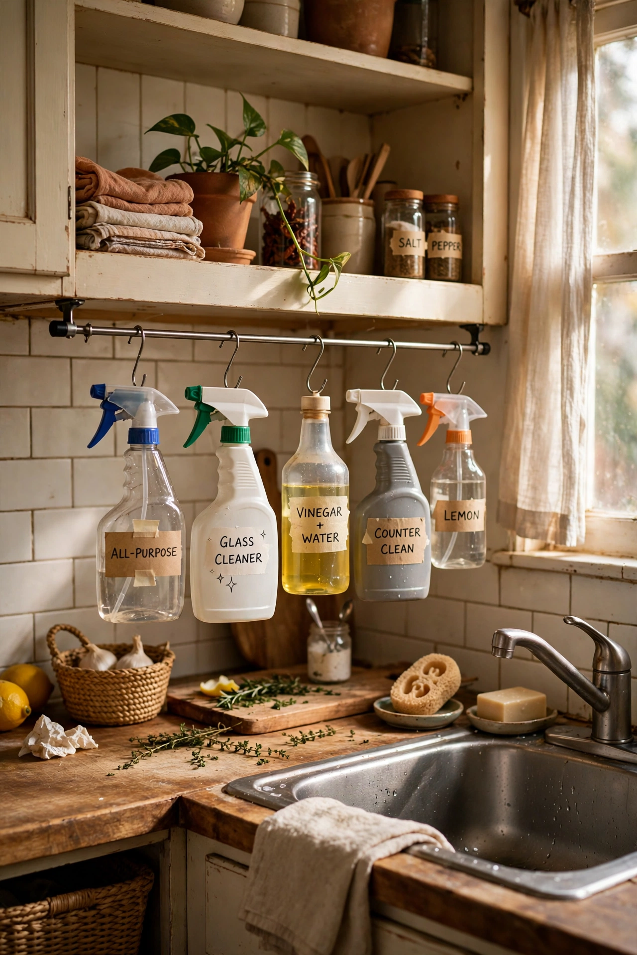 Hang Spray Bottles on a Tension Rod in a tiny kitchen