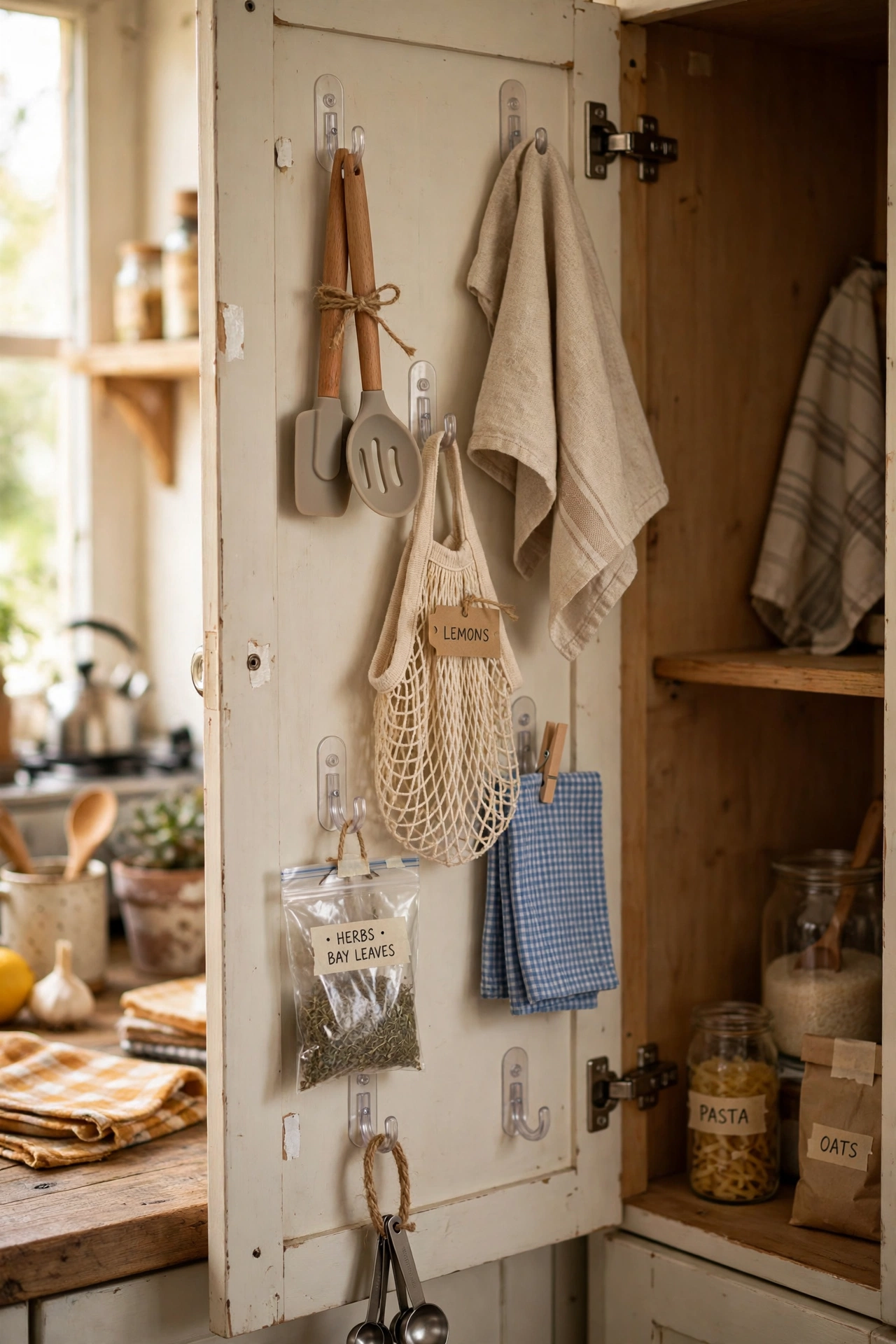 Stick Hooks Inside Cabinet Doors in a tiny kitchen